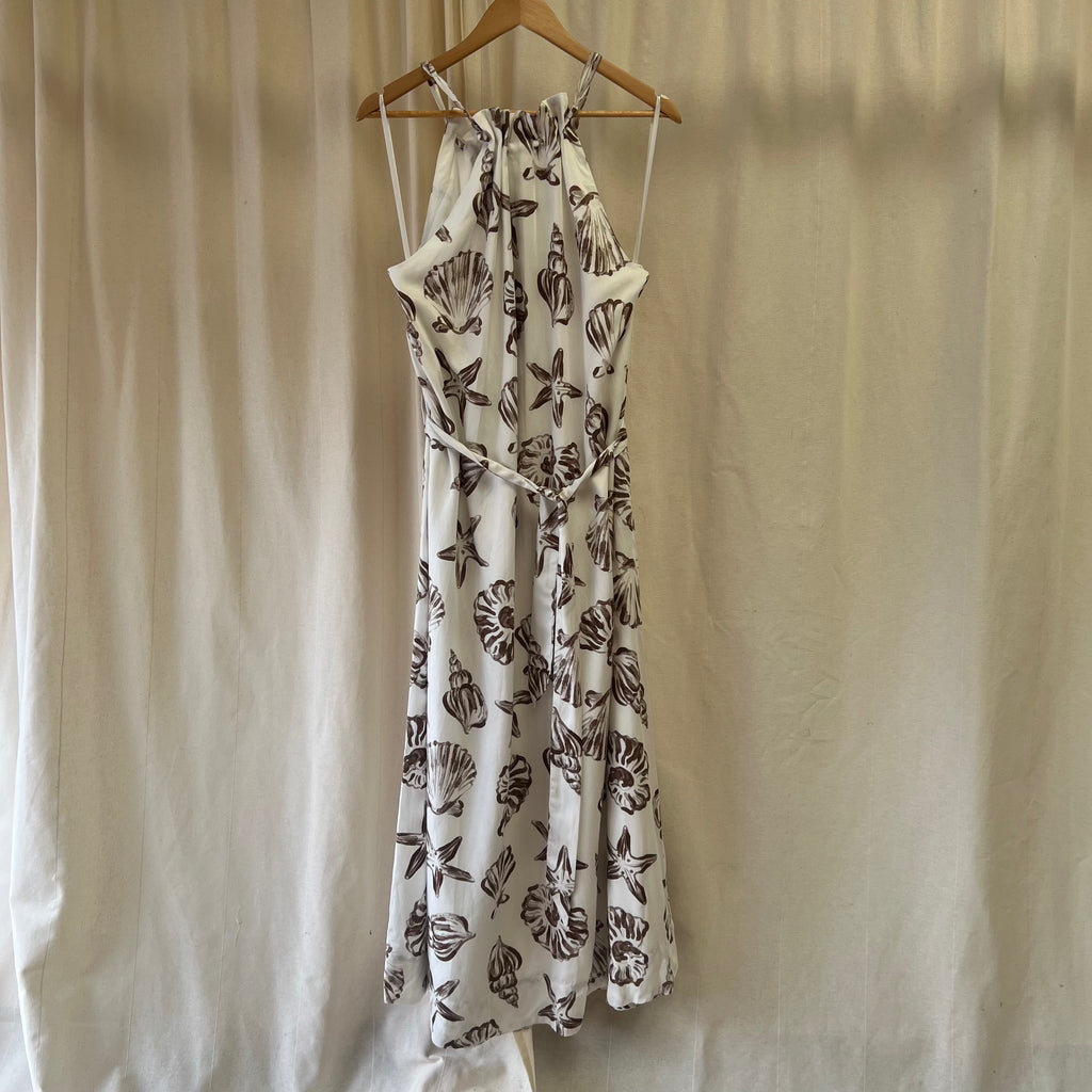Michelle Keegan white with brown shell print halterneck dress with belt