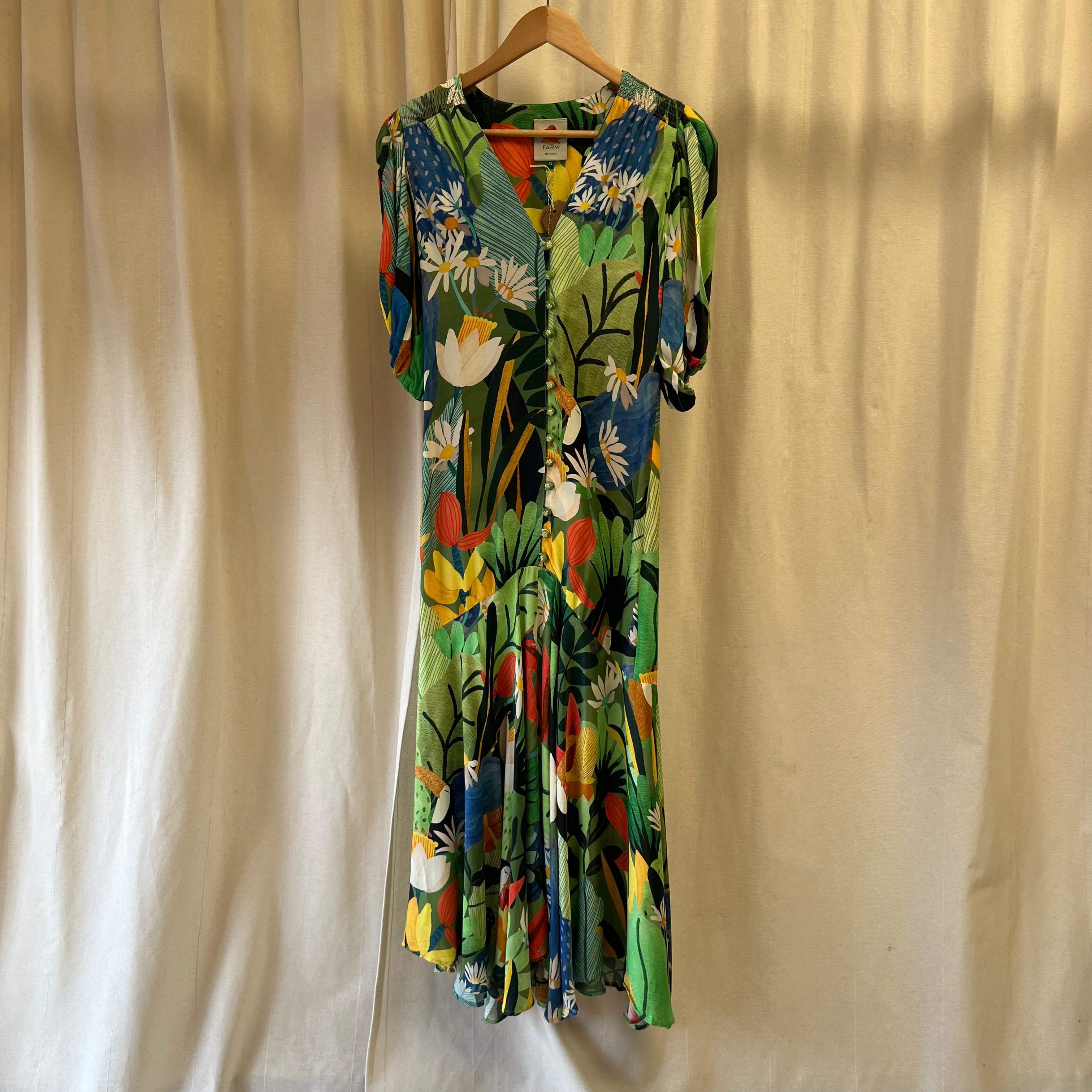 Farm Rio green floral print maxi dress with daisy button up front