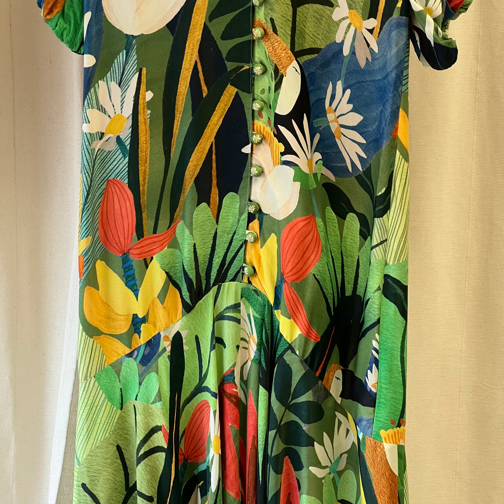 Farm Rio green floral print maxi dress with daisy button up front