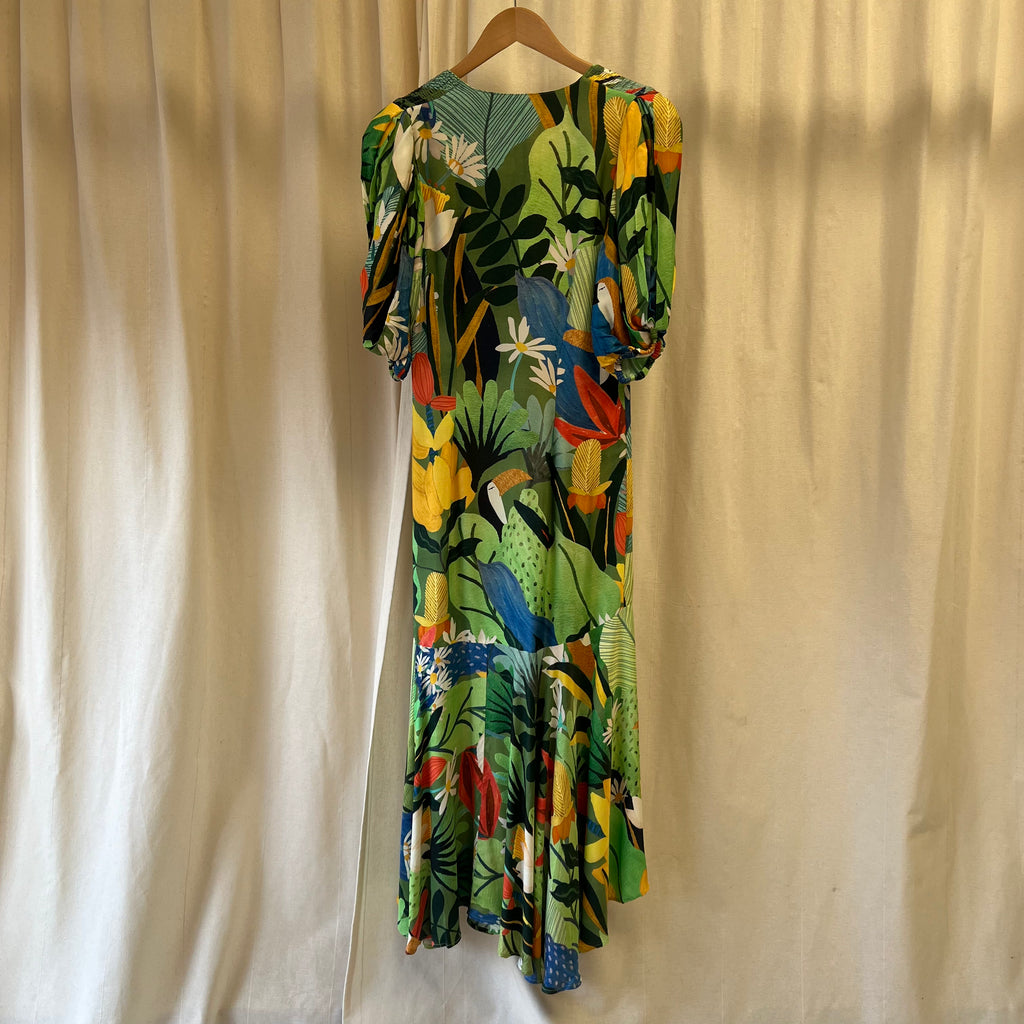 Farm Rio green floral print maxi dress with daisy button up front