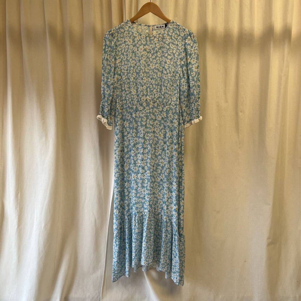 Rixo blue daisy flower print short sleeve maxi dress