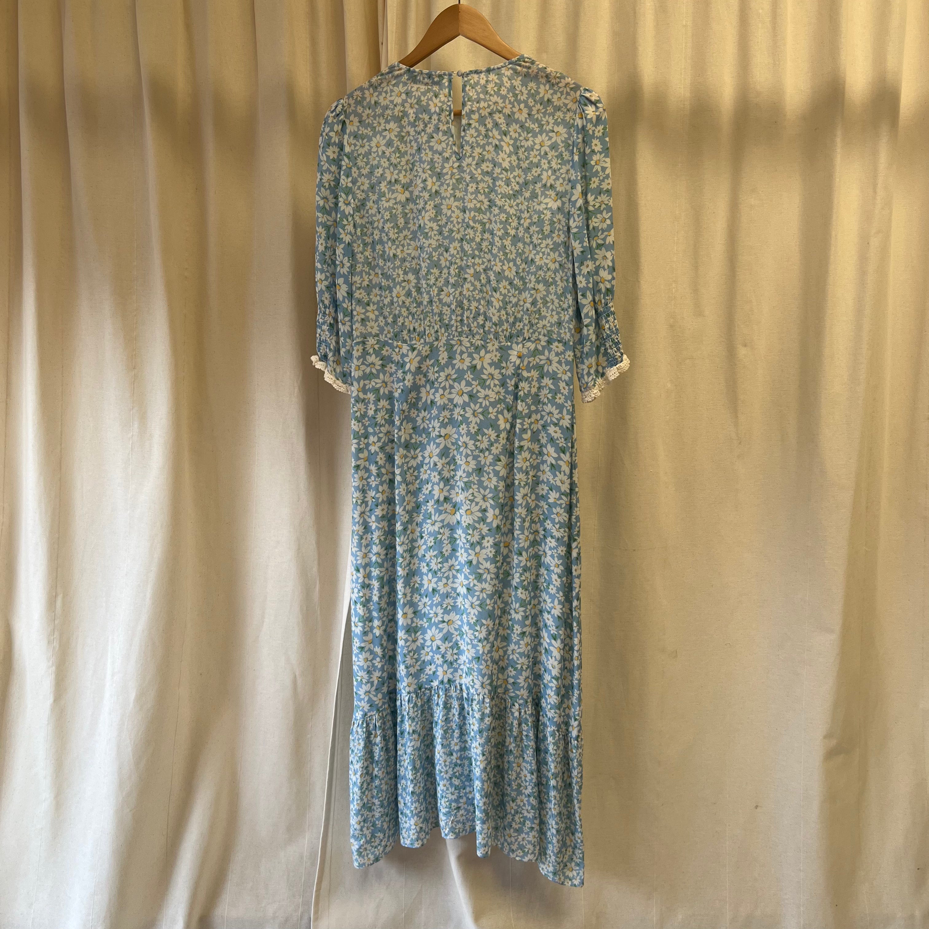 Rixo blue daisy flower print short sleeve maxi dress
