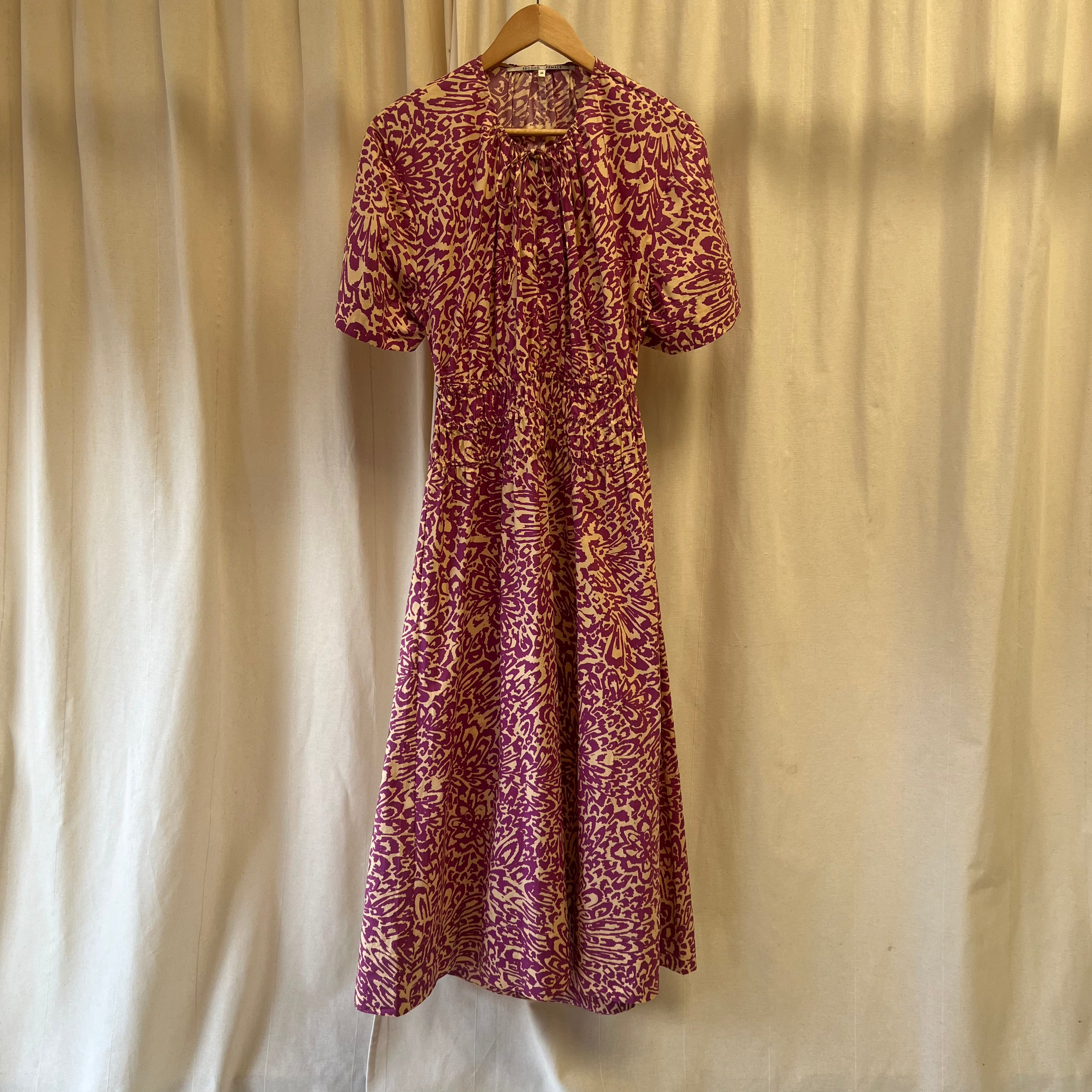 Second Female purple and yellow floral print gathered waist short sleeve maxi dress