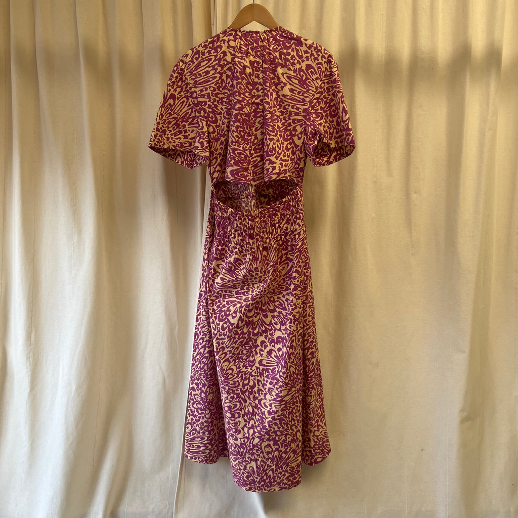 Second Female purple and yellow floral print gathered waist short sleeve maxi dress