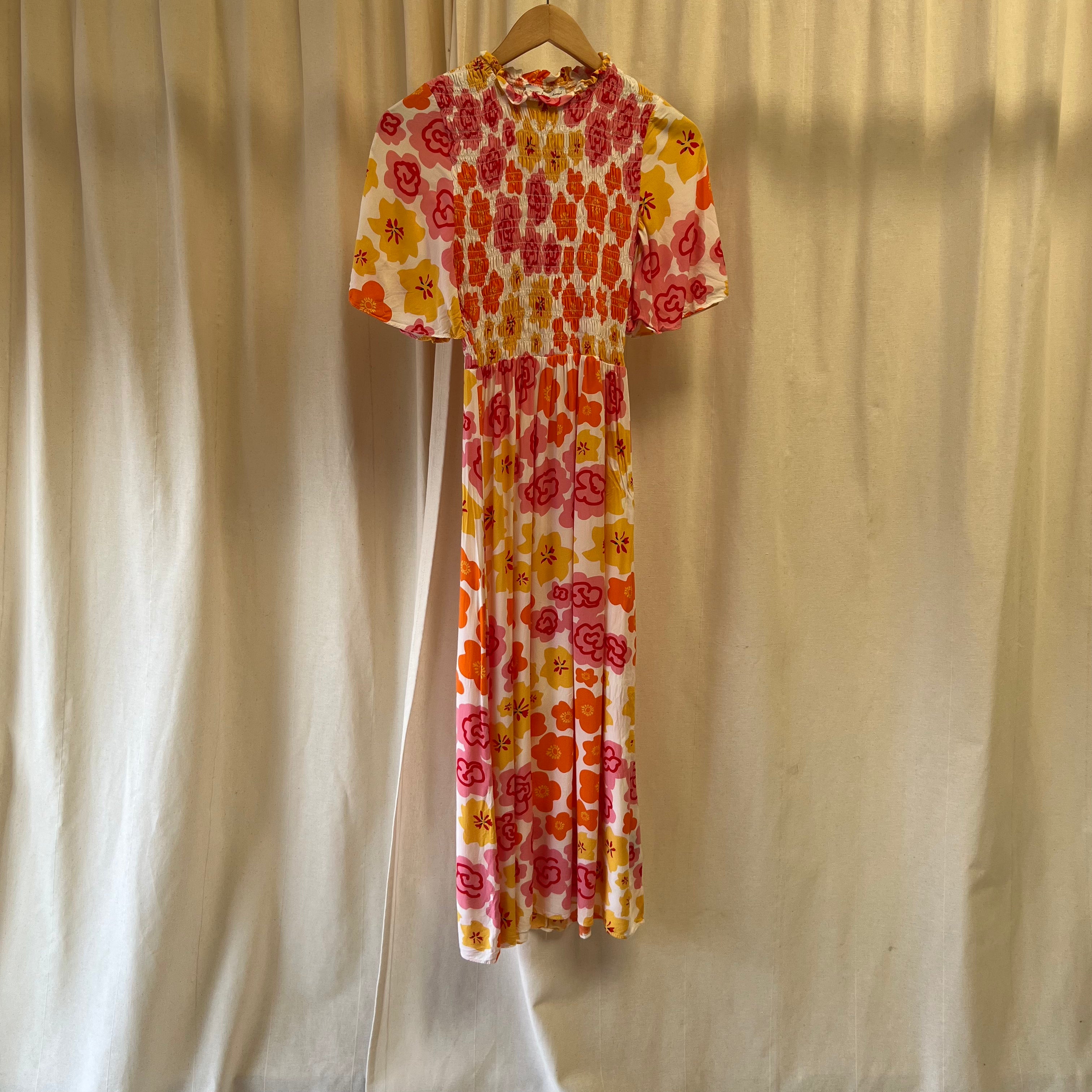 Never Fully Dresses yellow orange pink flower print short sleeve plisse maxi dress