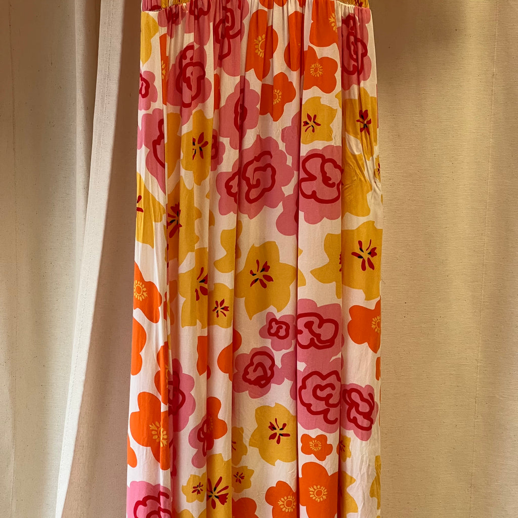 Never Fully Dresses yellow orange pink flower print short sleeve plisse maxi dress