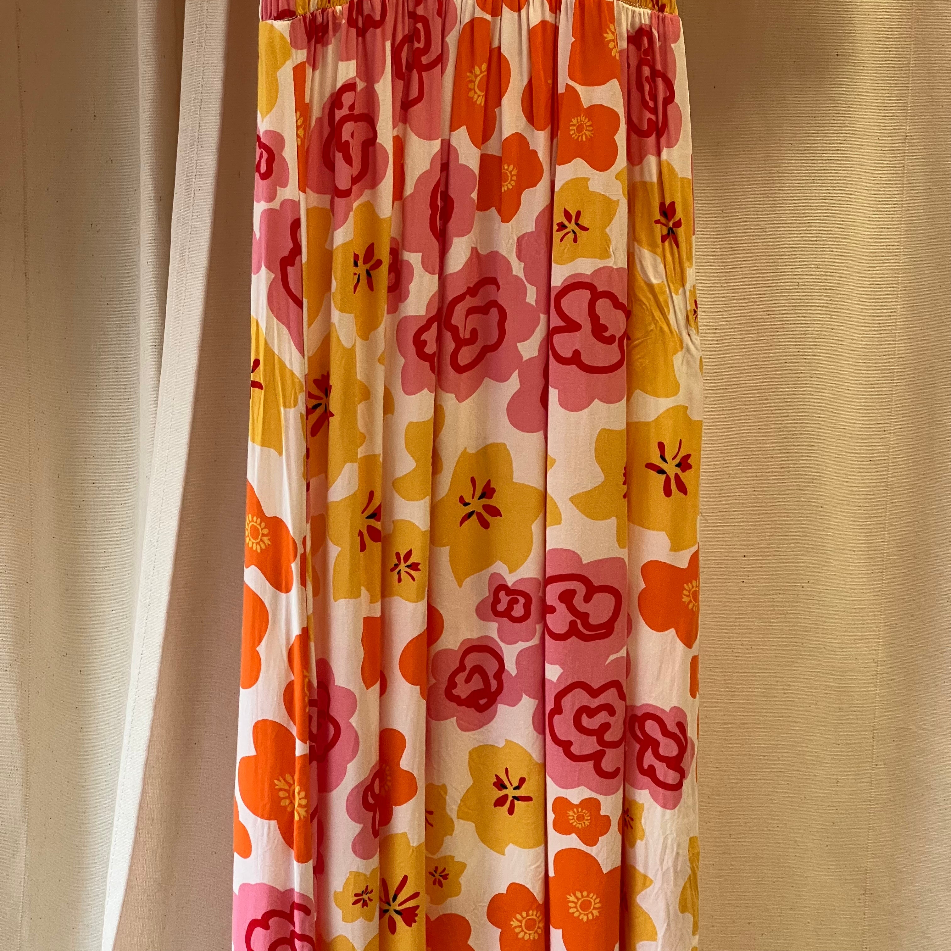 Never Fully Dresses yellow orange pink flower print short sleeve plisse maxi dress