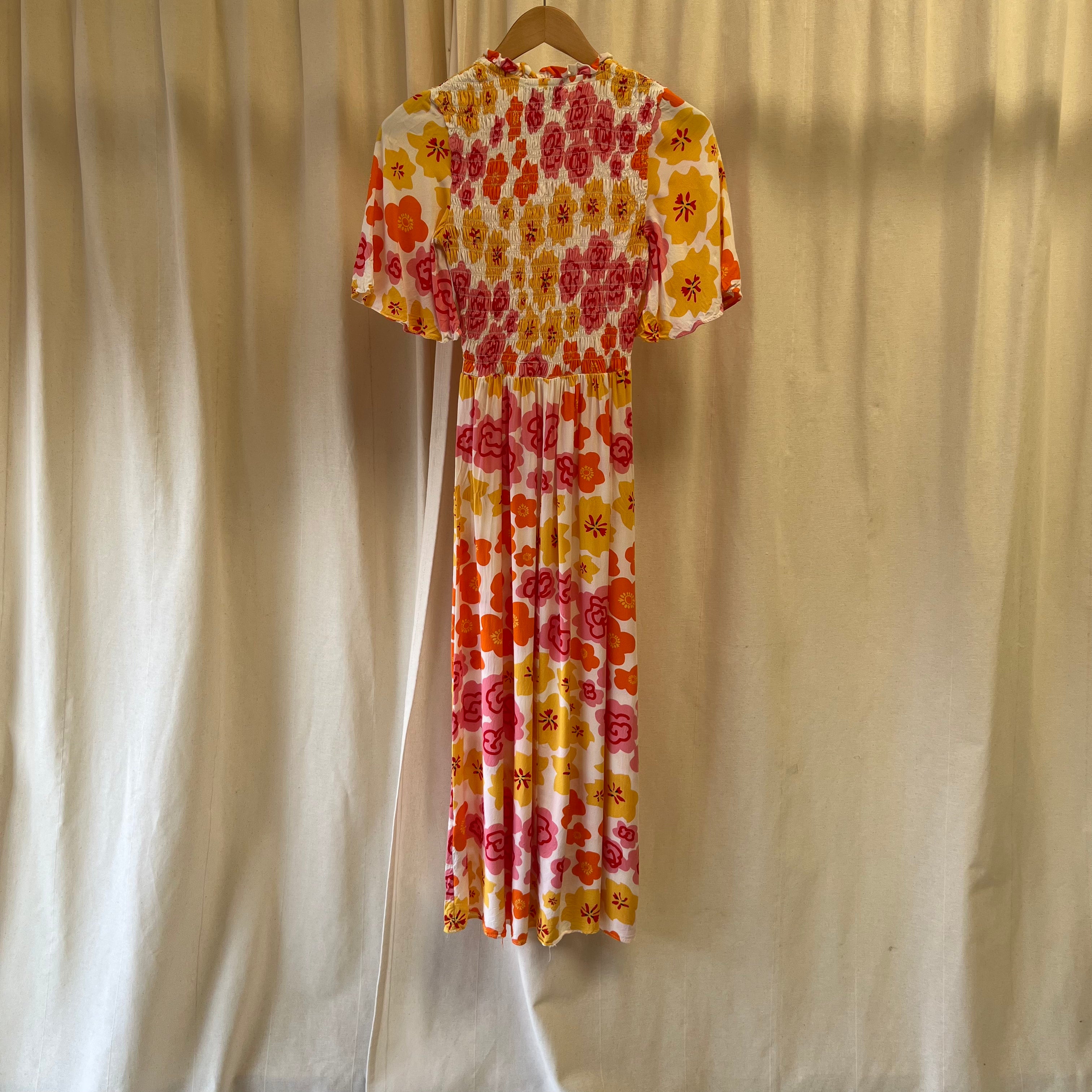 Never Fully Dresses yellow orange pink flower print short sleeve plisse maxi dress