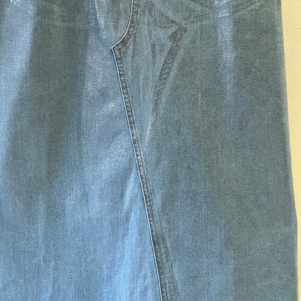 Amylynn blue shimmer denim midi skirt w/ slit at the back