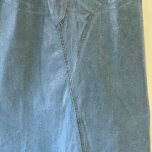 Amylynn blue shimmer denim midi skirt w/ slit at the back