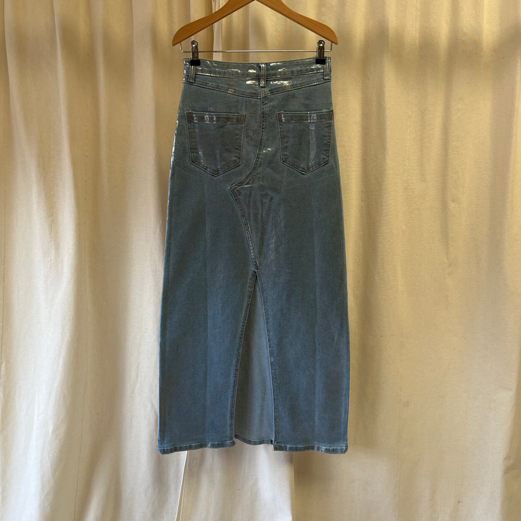 Amylynn blue shimmer denim midi skirt w/ slit at the back