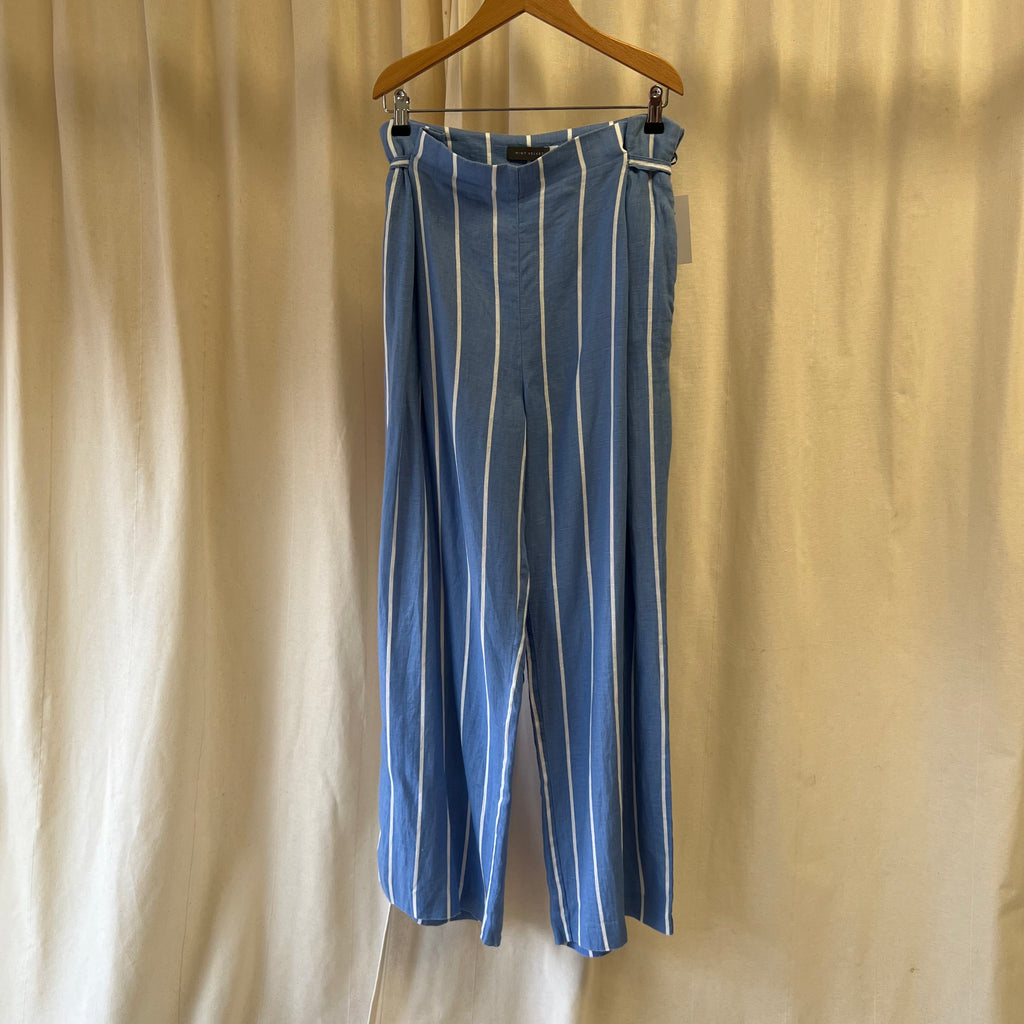 Mint Velvet blue and white stripe linen wide leg trousers with belt