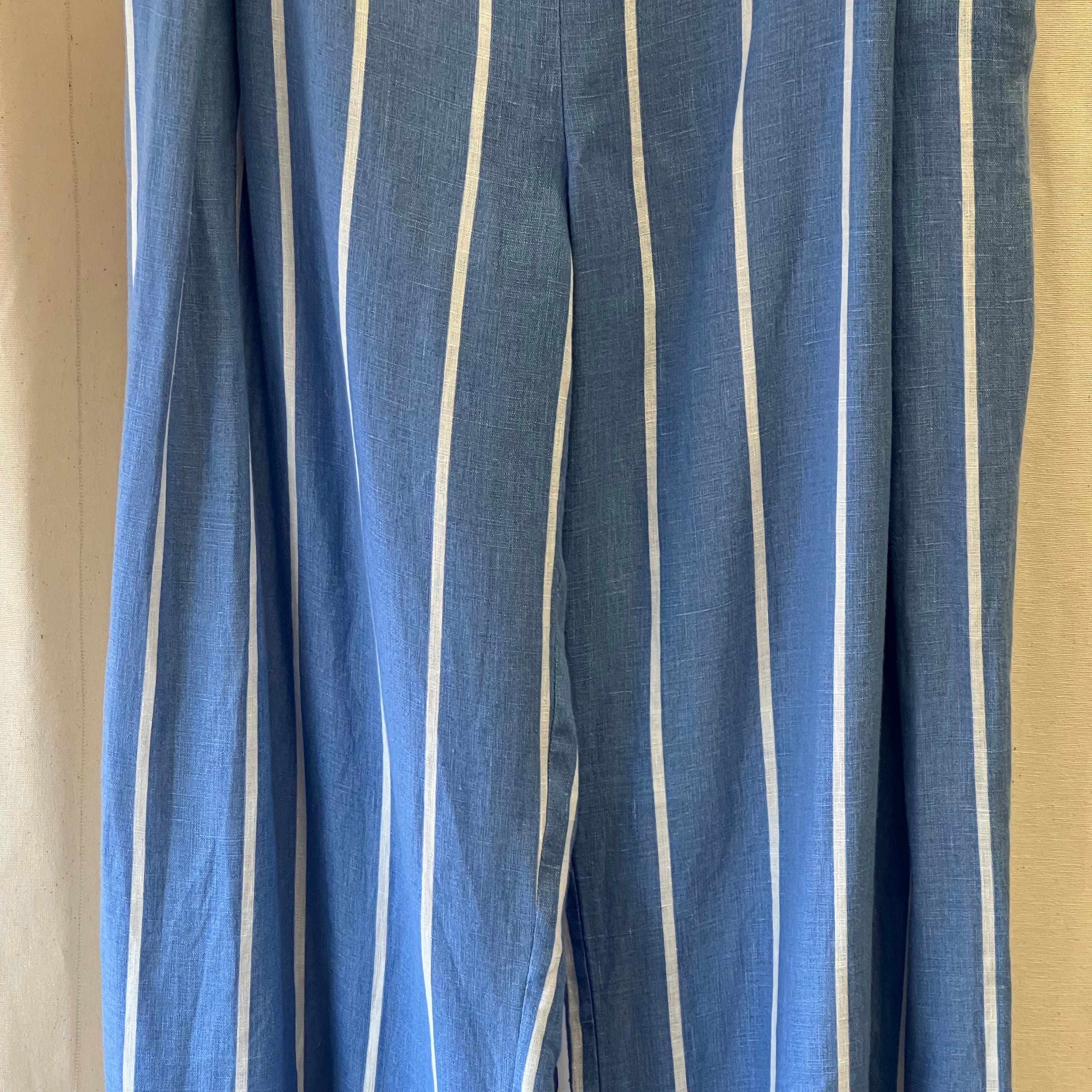 Mint Velvet blue and white stripe linen wide leg trousers with belt