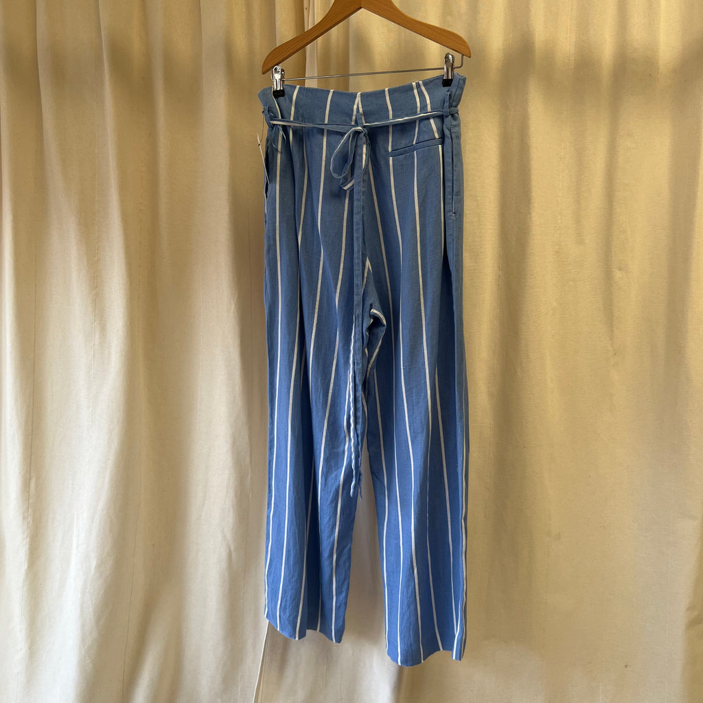 Mint Velvet blue and white stripe linen wide leg trousers with belt