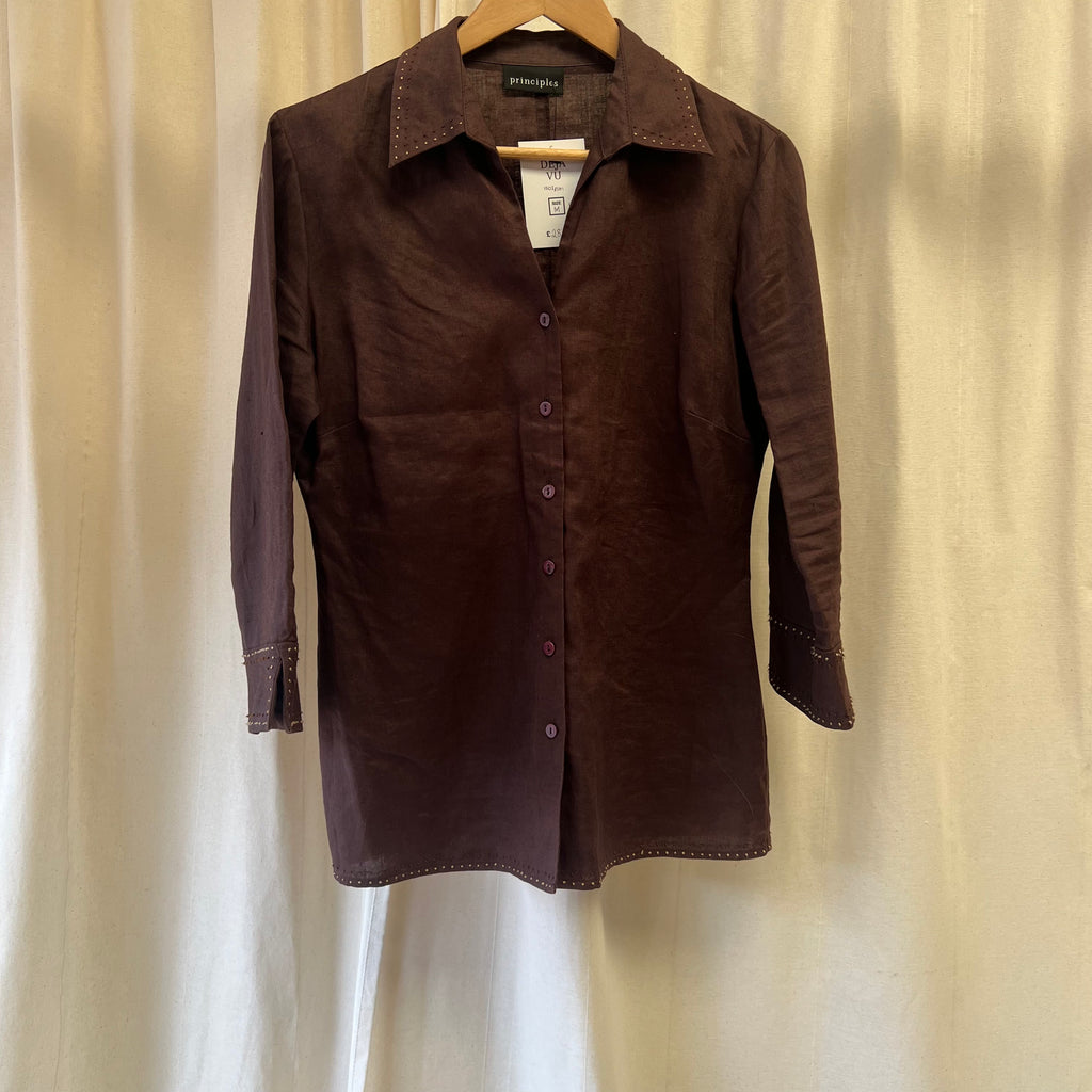 Principles brown linen shirt w/ embroidered collar and cuff detail