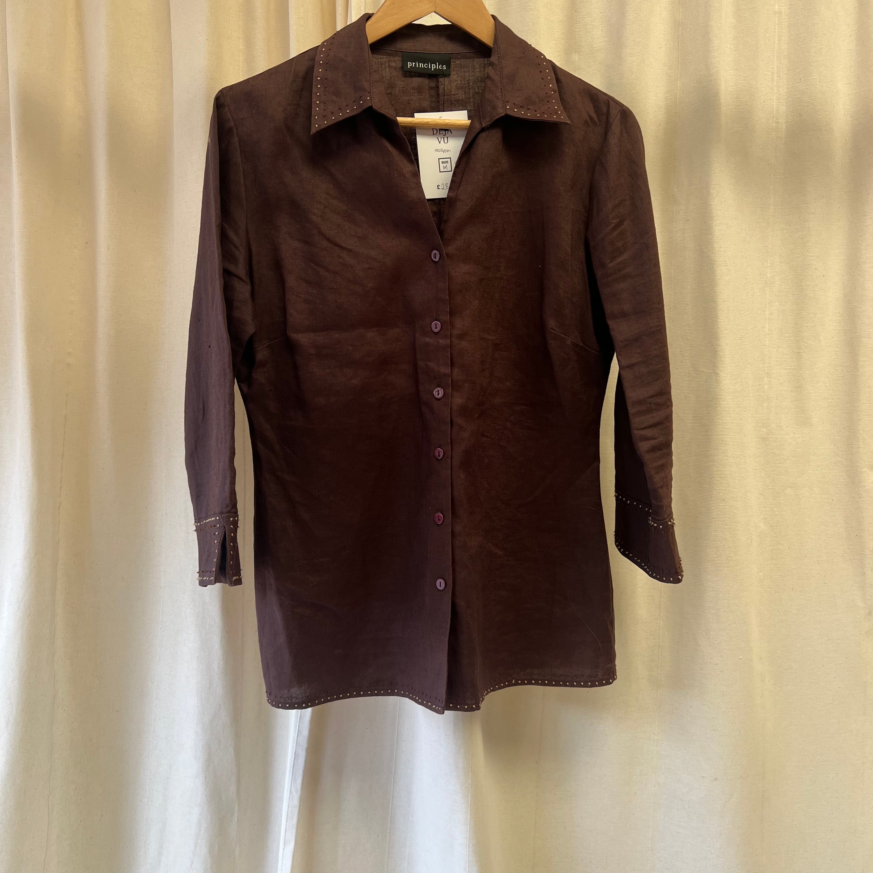Principles brown linen shirt w/ embroidered collar and cuff detail