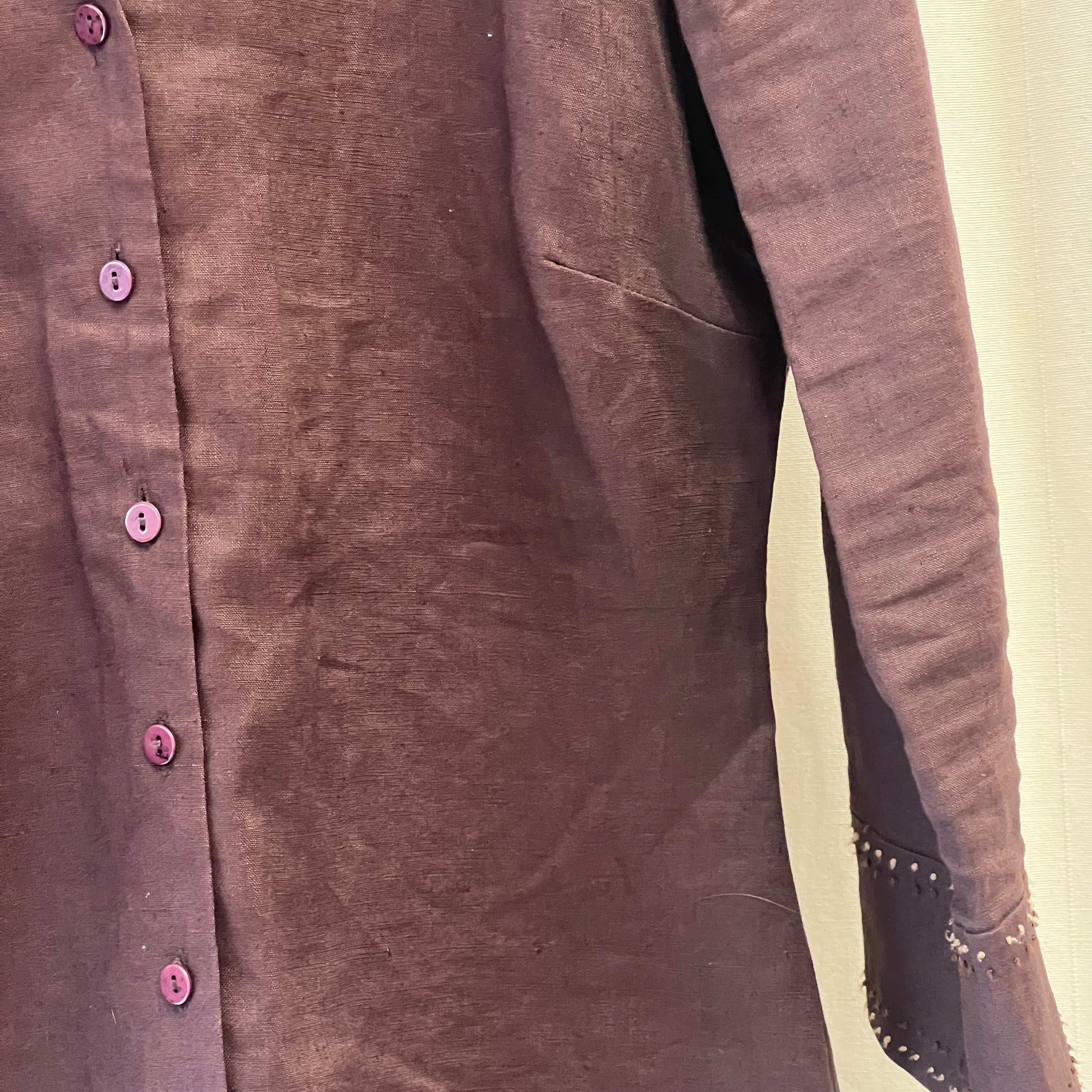 Principles brown linen shirt w/ embroidered collar and cuff detail