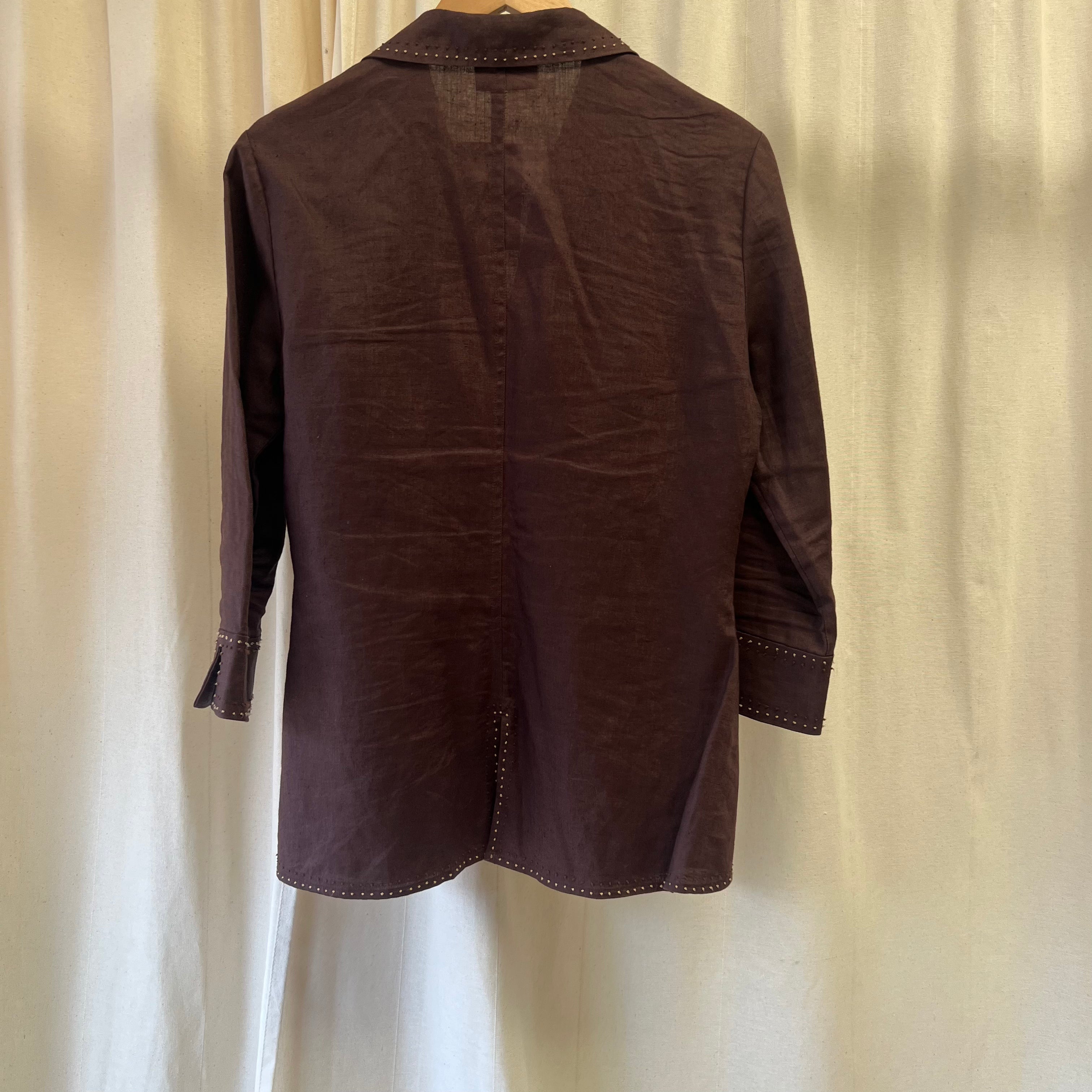 Principles brown linen shirt w/ embroidered collar and cuff detail