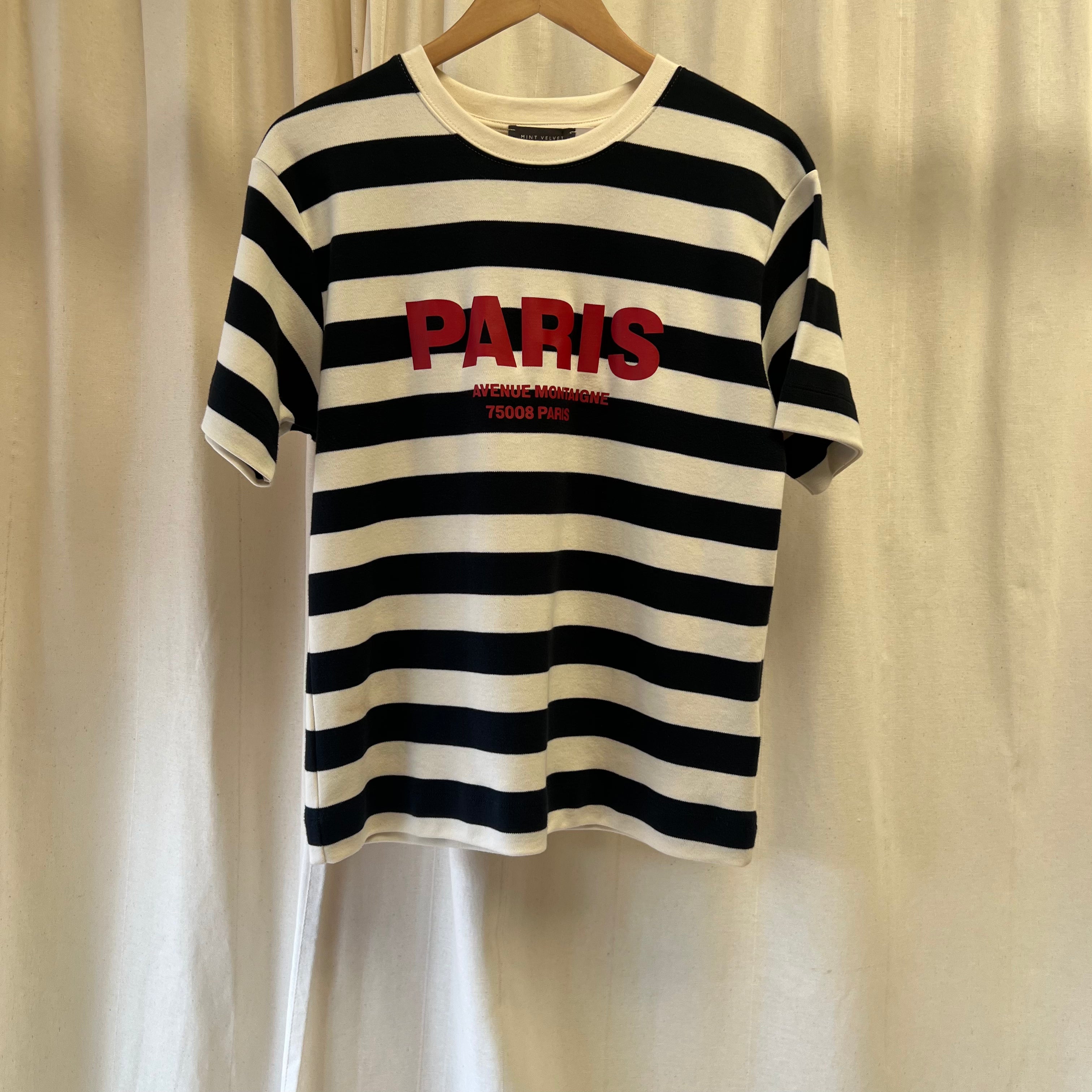 Mint Velvet stripped black and cream cotton short-sleeve t-shirt with PARIS text