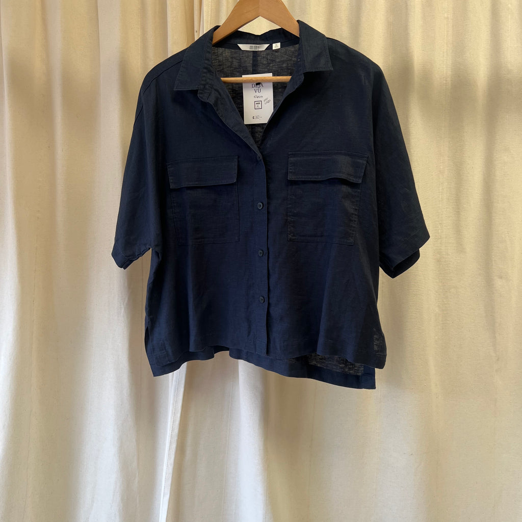 Uniqlo navy boxy linen short sleeve shirt