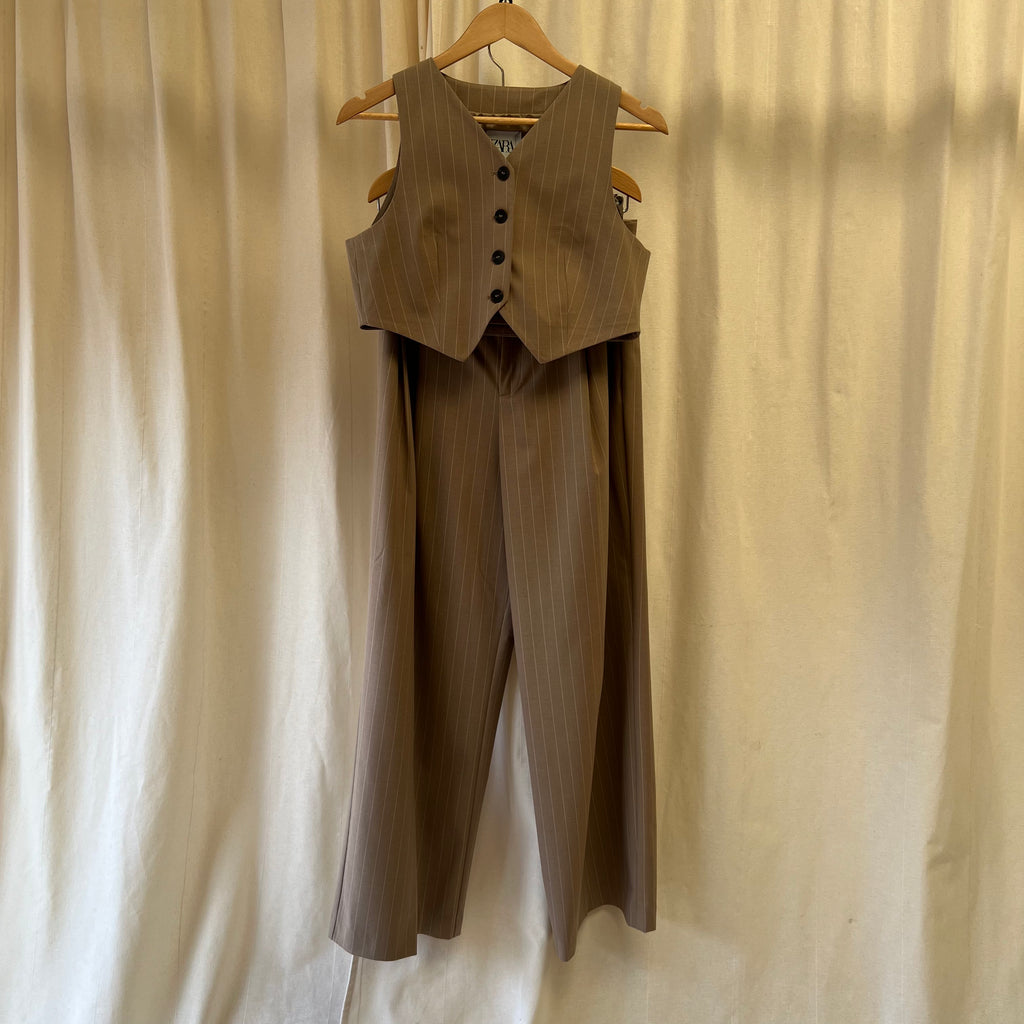 Zara brown with white pinstripe waistcoat and trouser co-ord