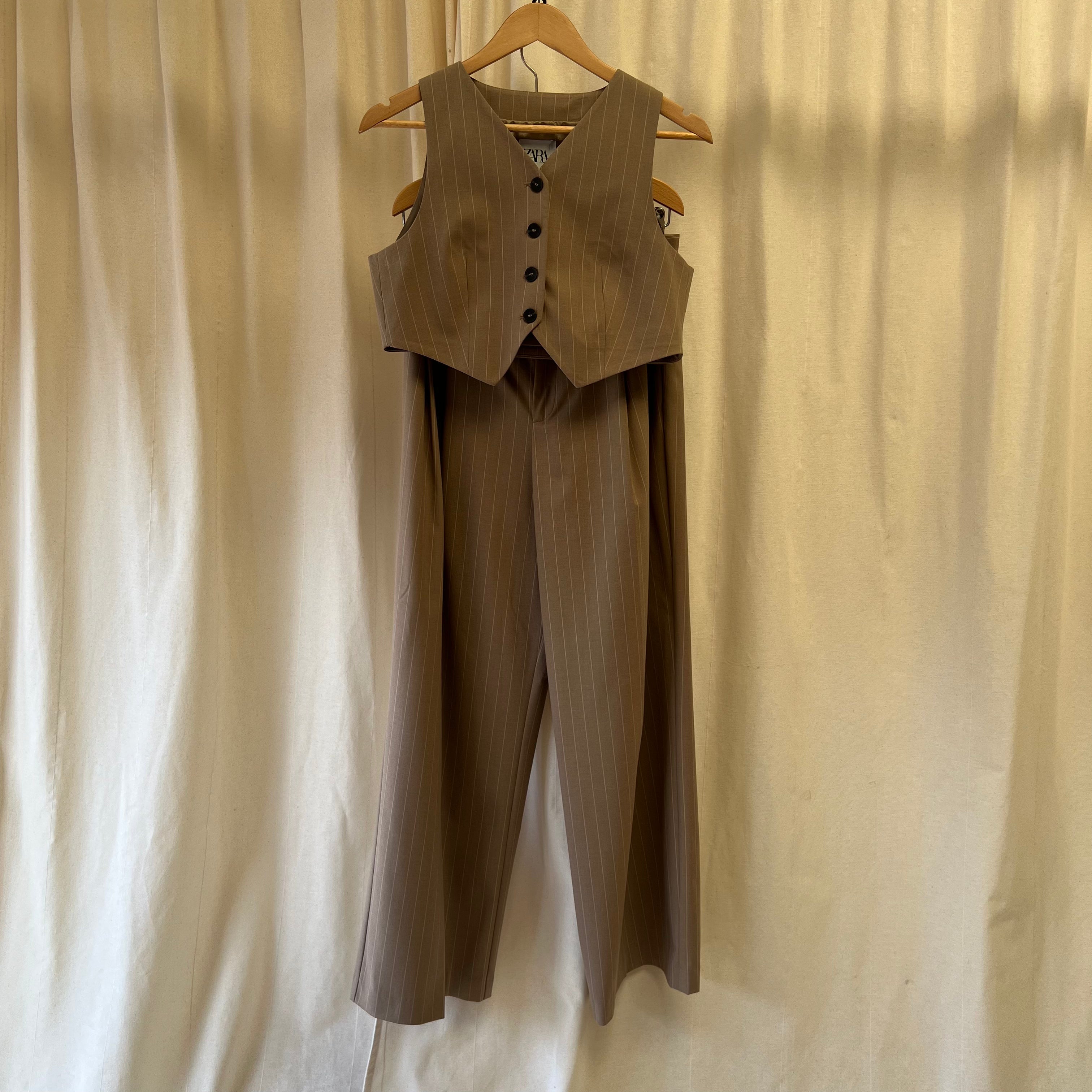 Zara brown with white pinstripe waistcoat and trouser co-ord