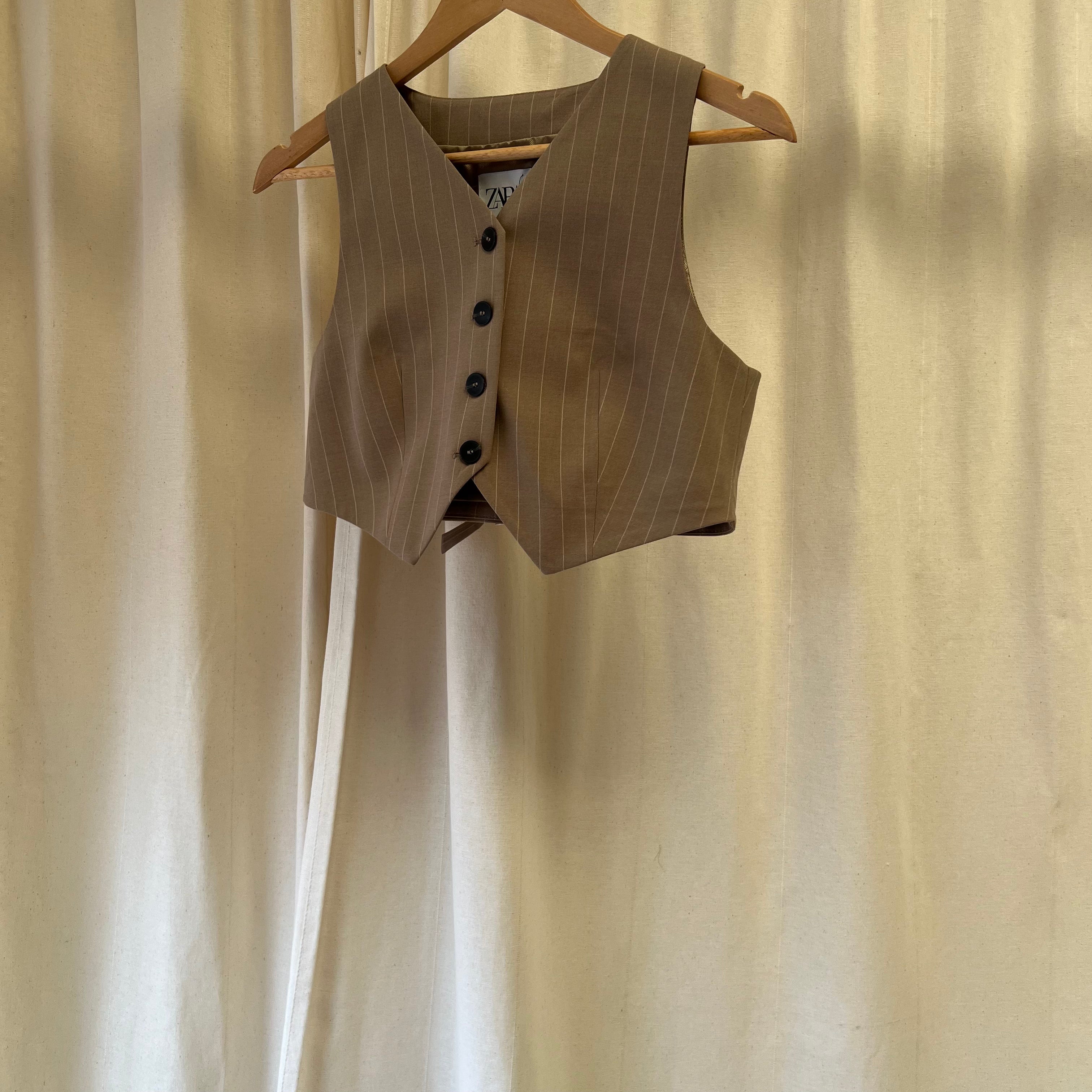 Zara brown with white pinstripe waistcoat and trouser co-ord