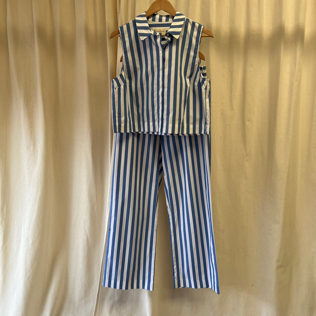 Sézane white and blue striped sleeveless shirt and trouser co-ord