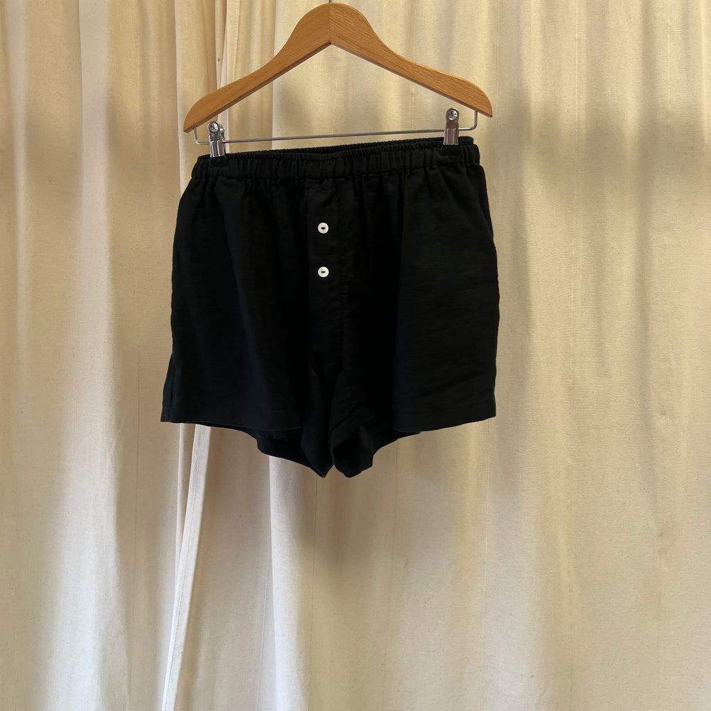 DEJI STUDIOS black linen shirt and shorts