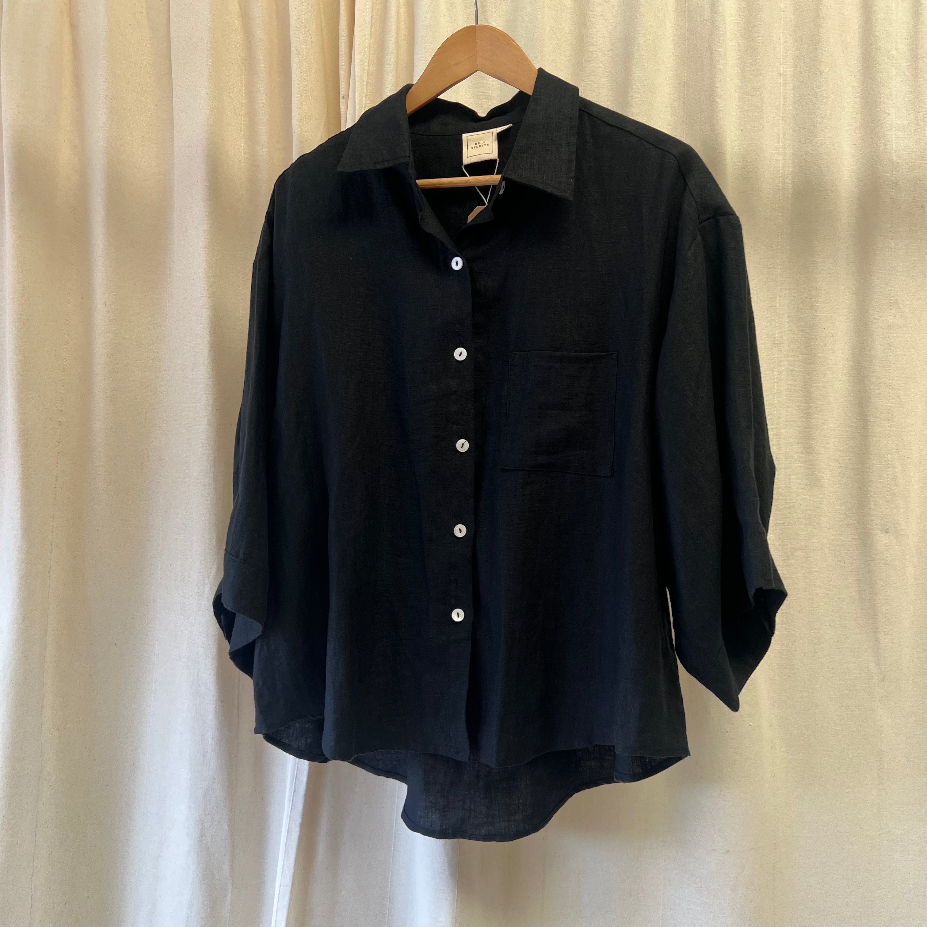 DEJI STUDIOS black linen shirt and shorts