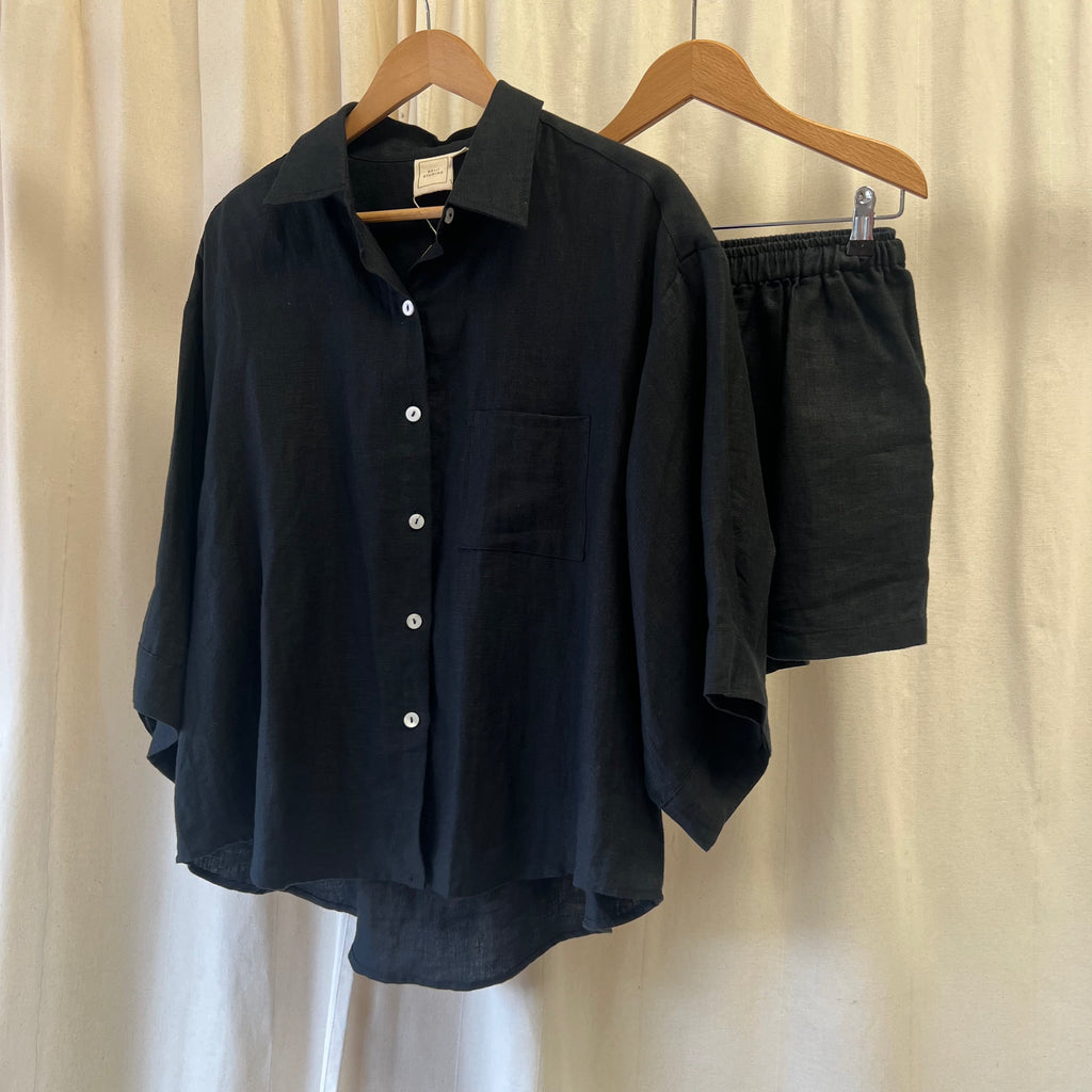 DEJI STUDIOS black linen shirt and shorts