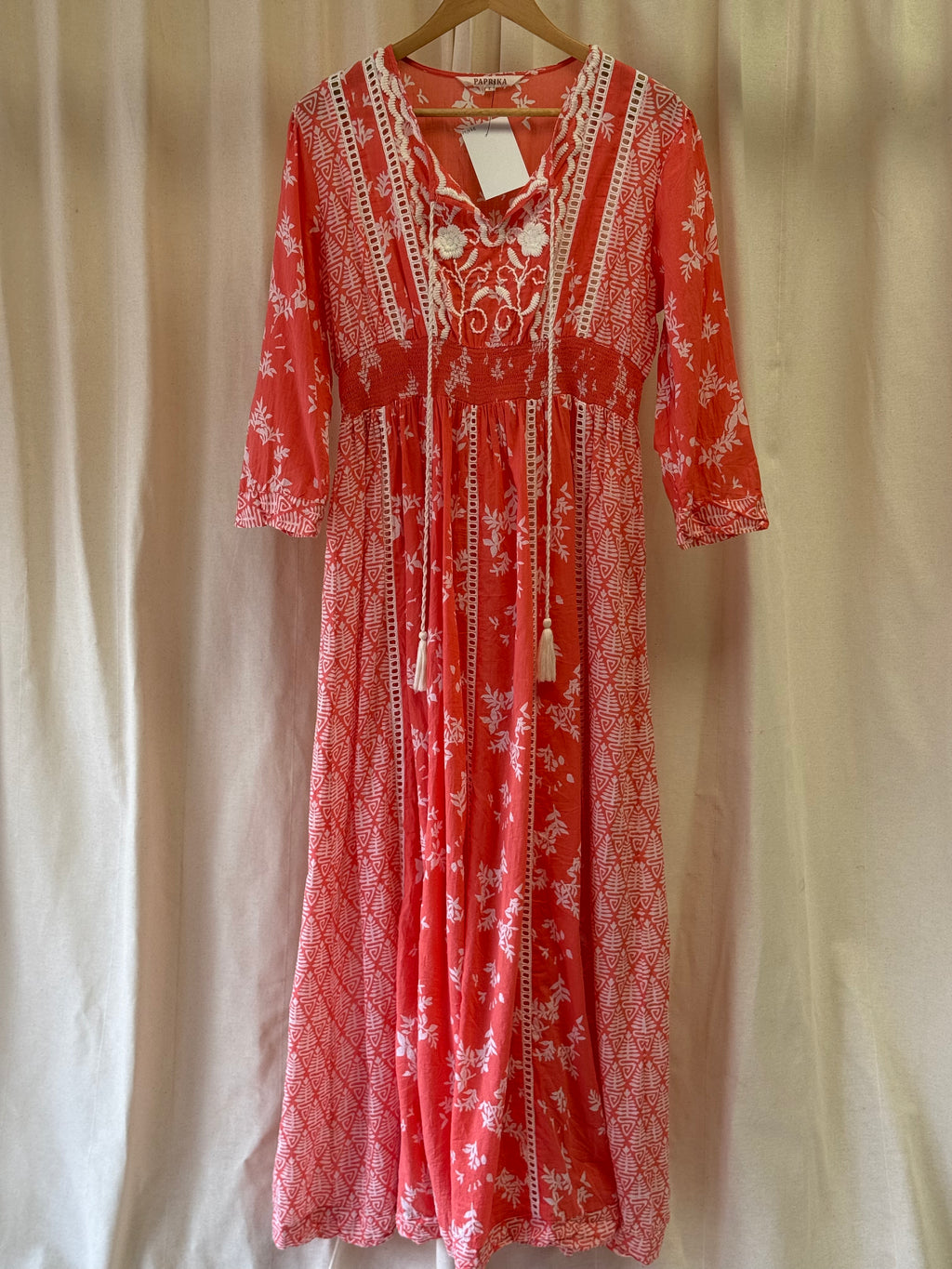 Paprika Coral and Cream Midi Dress