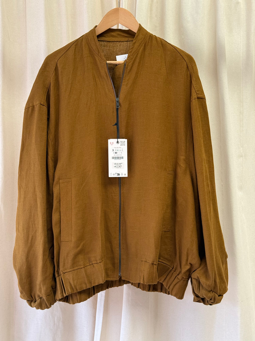 Zara Khaki Linen Oversized Bomber Jacket