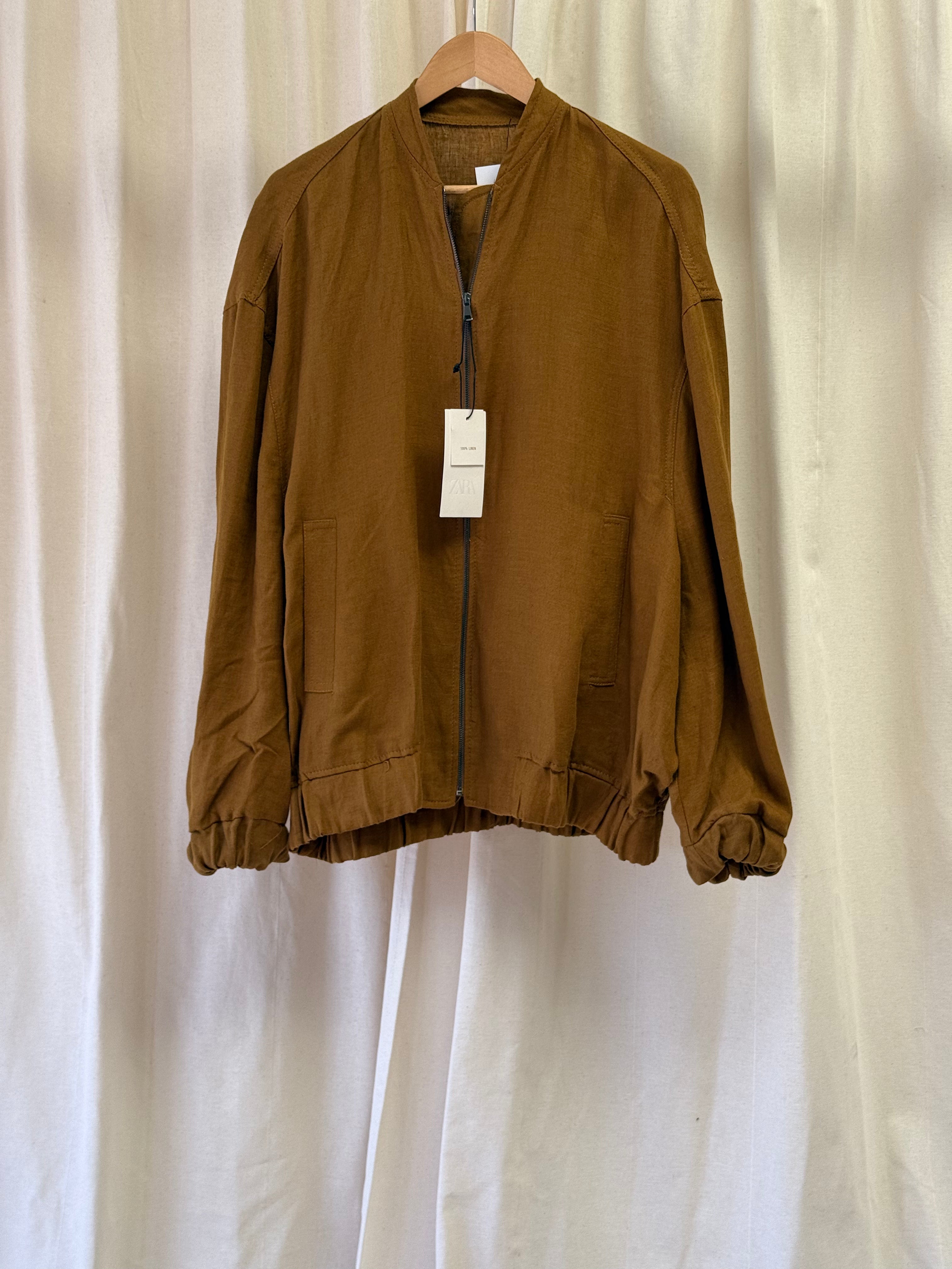 Zara Khaki Linen Oversized Bomber Jacket