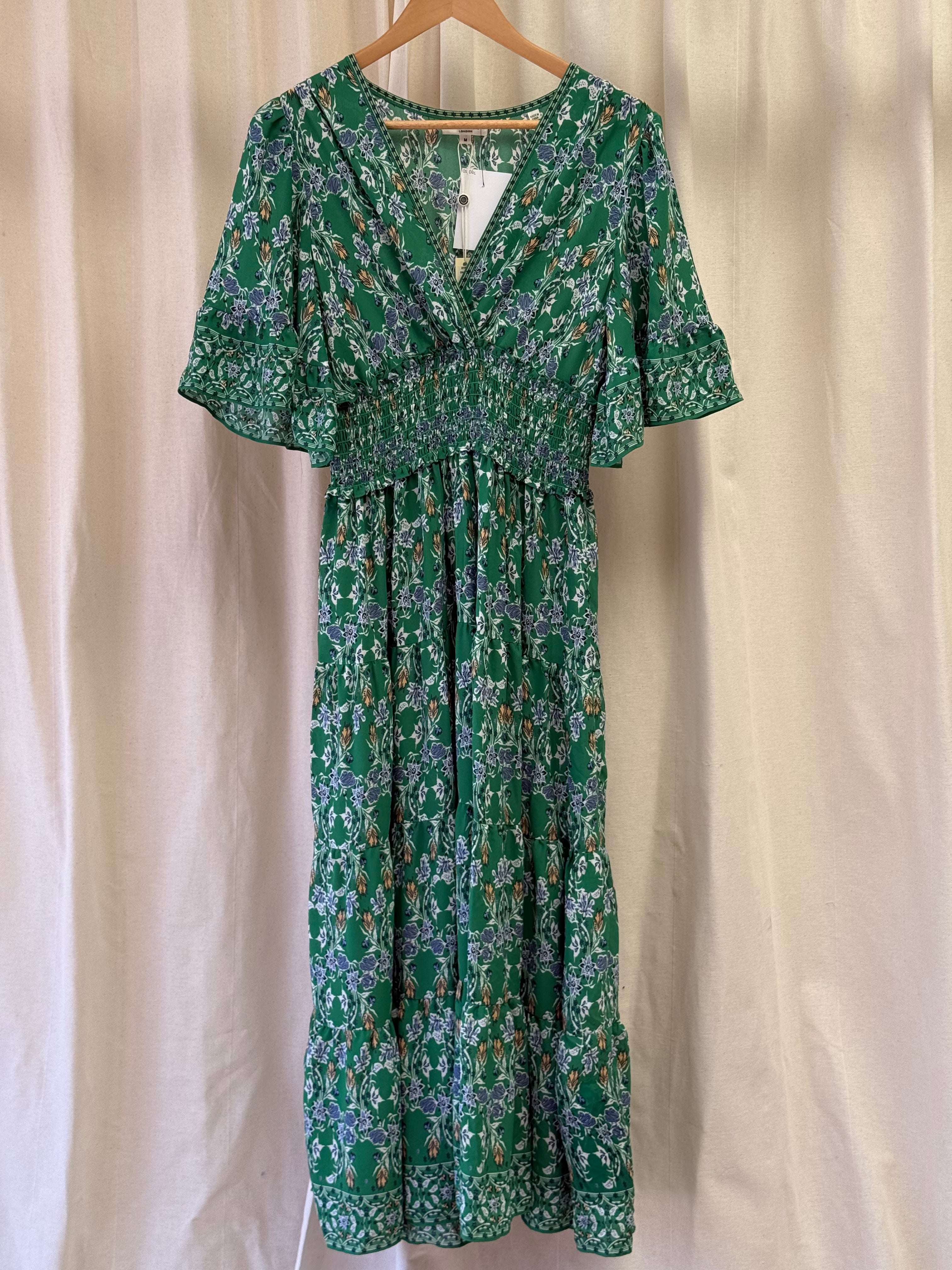 Max Studio Green Floral Smocked Waist Tiered Maxi Dress