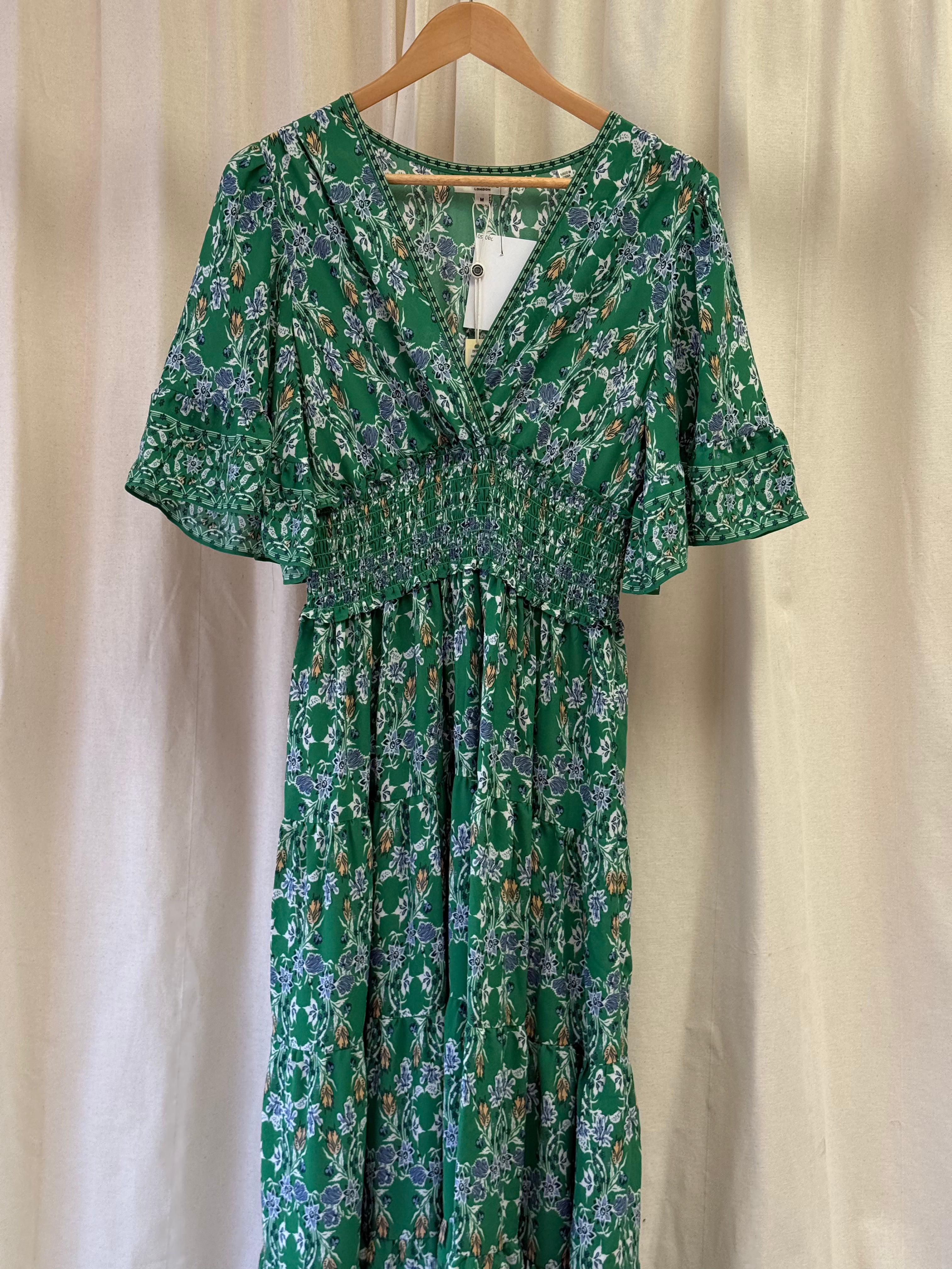 Max Studio Green Floral Smocked Waist Tiered Maxi Dress