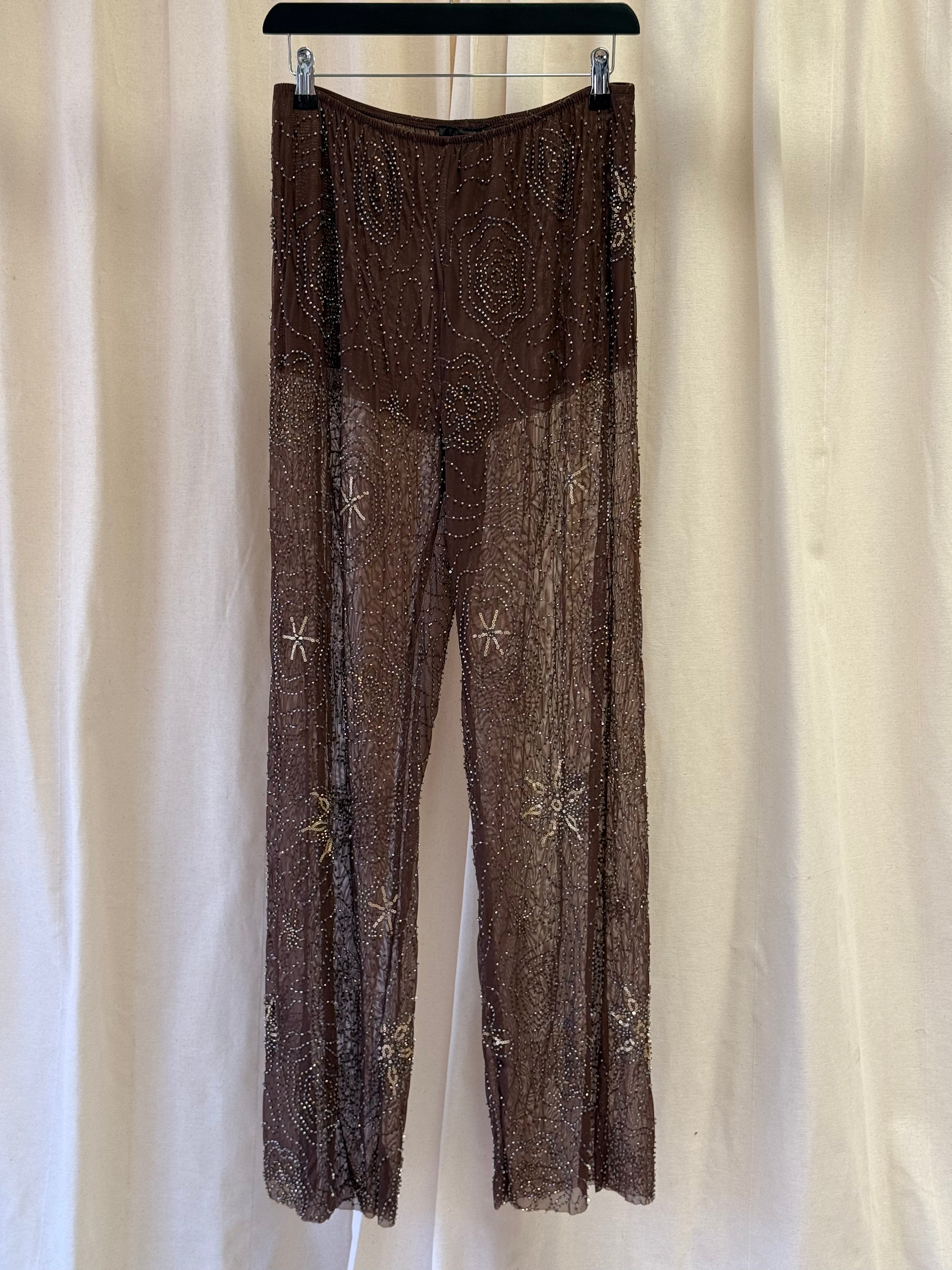 Zara Mid Waist Semi Sheer Beaded Straight Leg Trousers