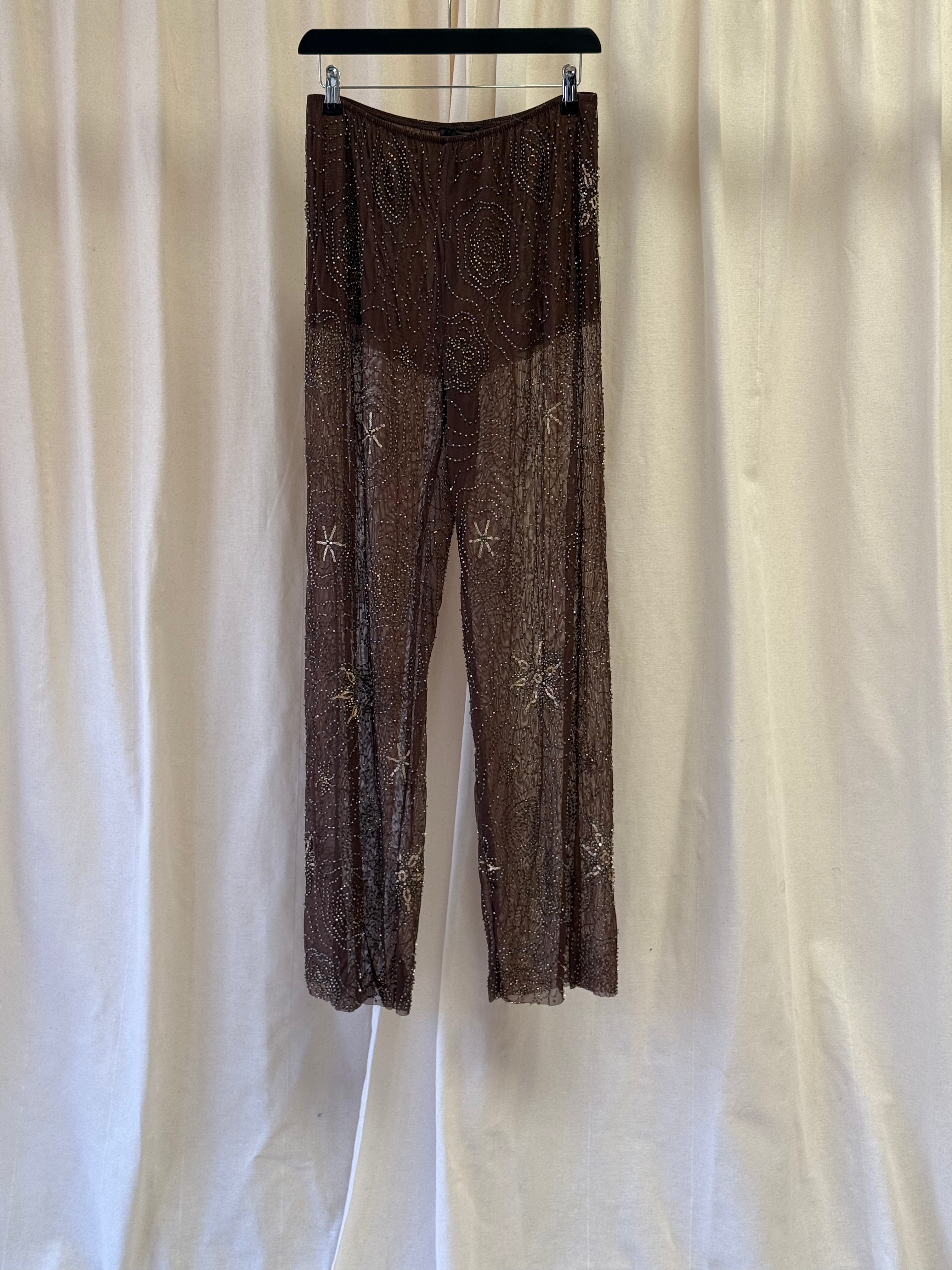 Zara Mid Waist Semi Sheer Beaded Straight Leg Trousers
