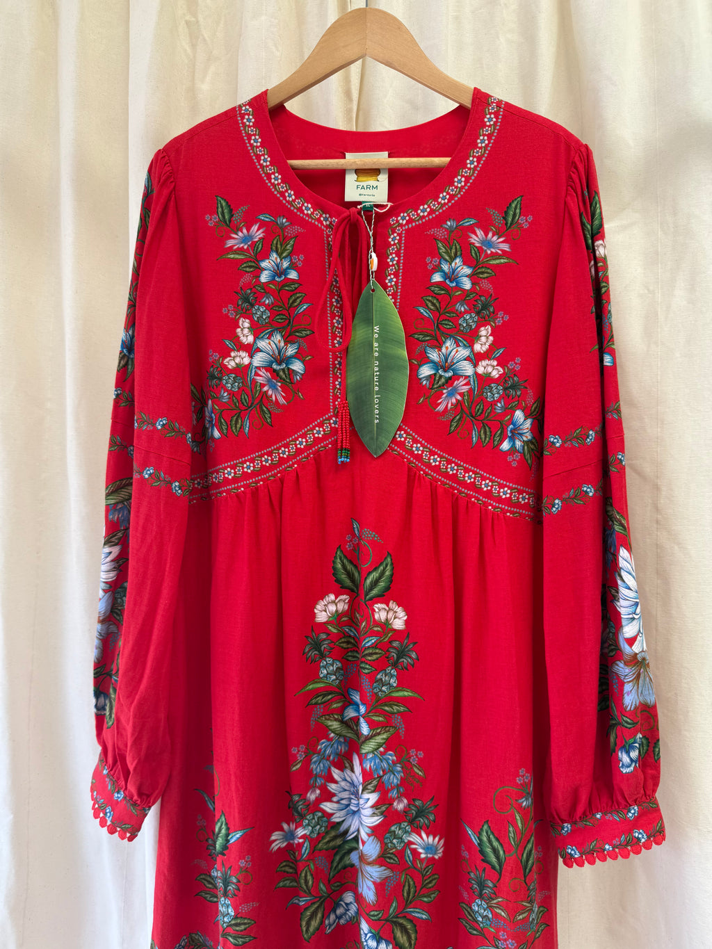Farm Rio Floral Linen-Blend Midi Dress in Red