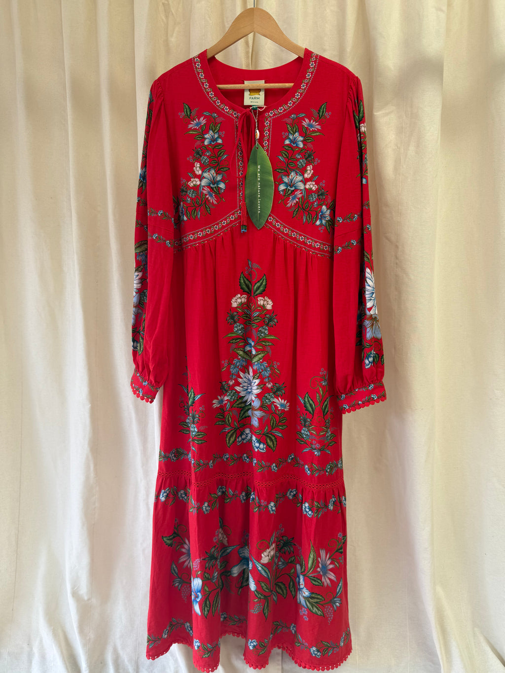 Farm Rio Floral Linen-Blend Midi Dress in Red