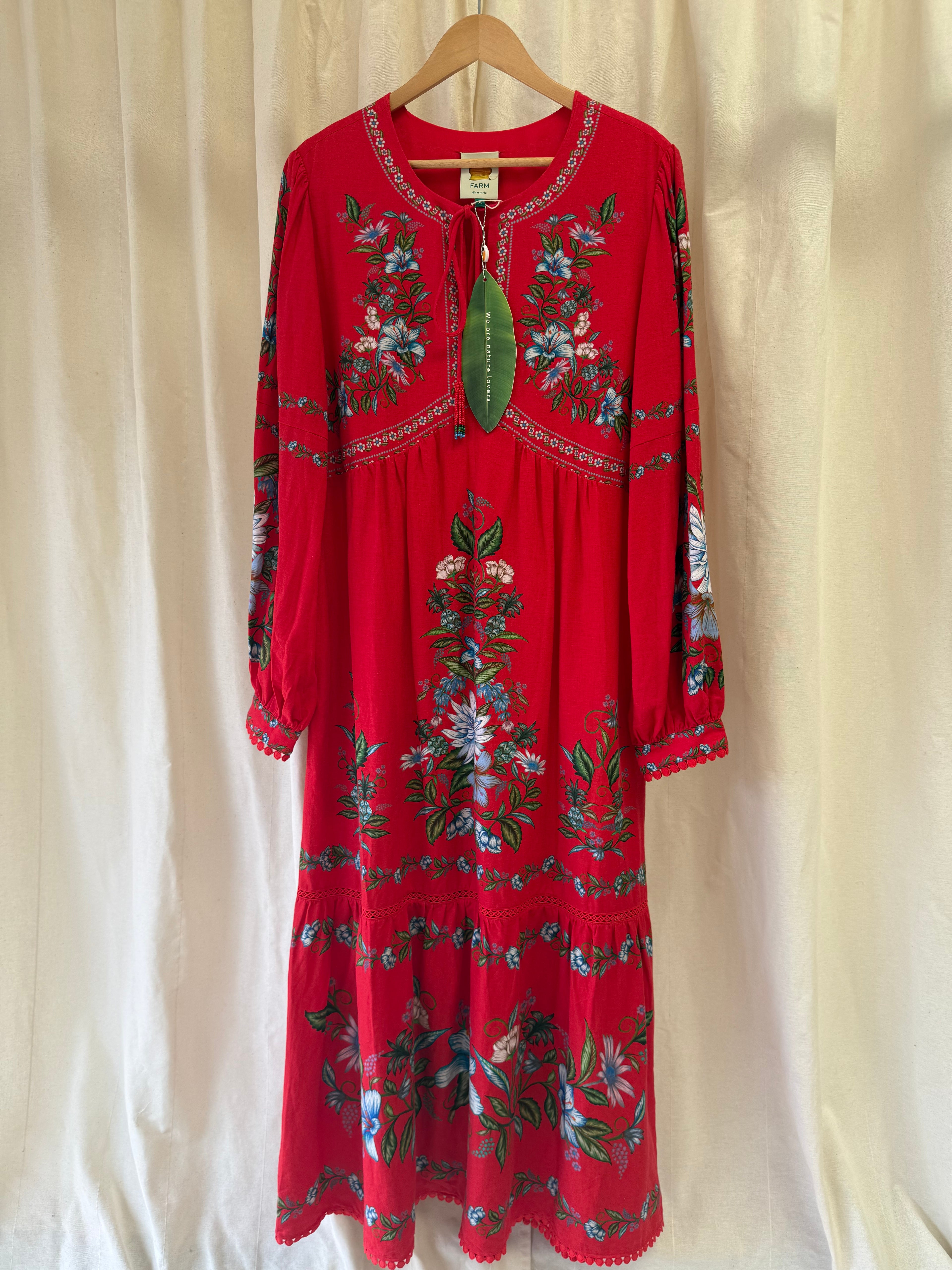 Farm Rio Floral Linen-Blend Midi Dress in Red