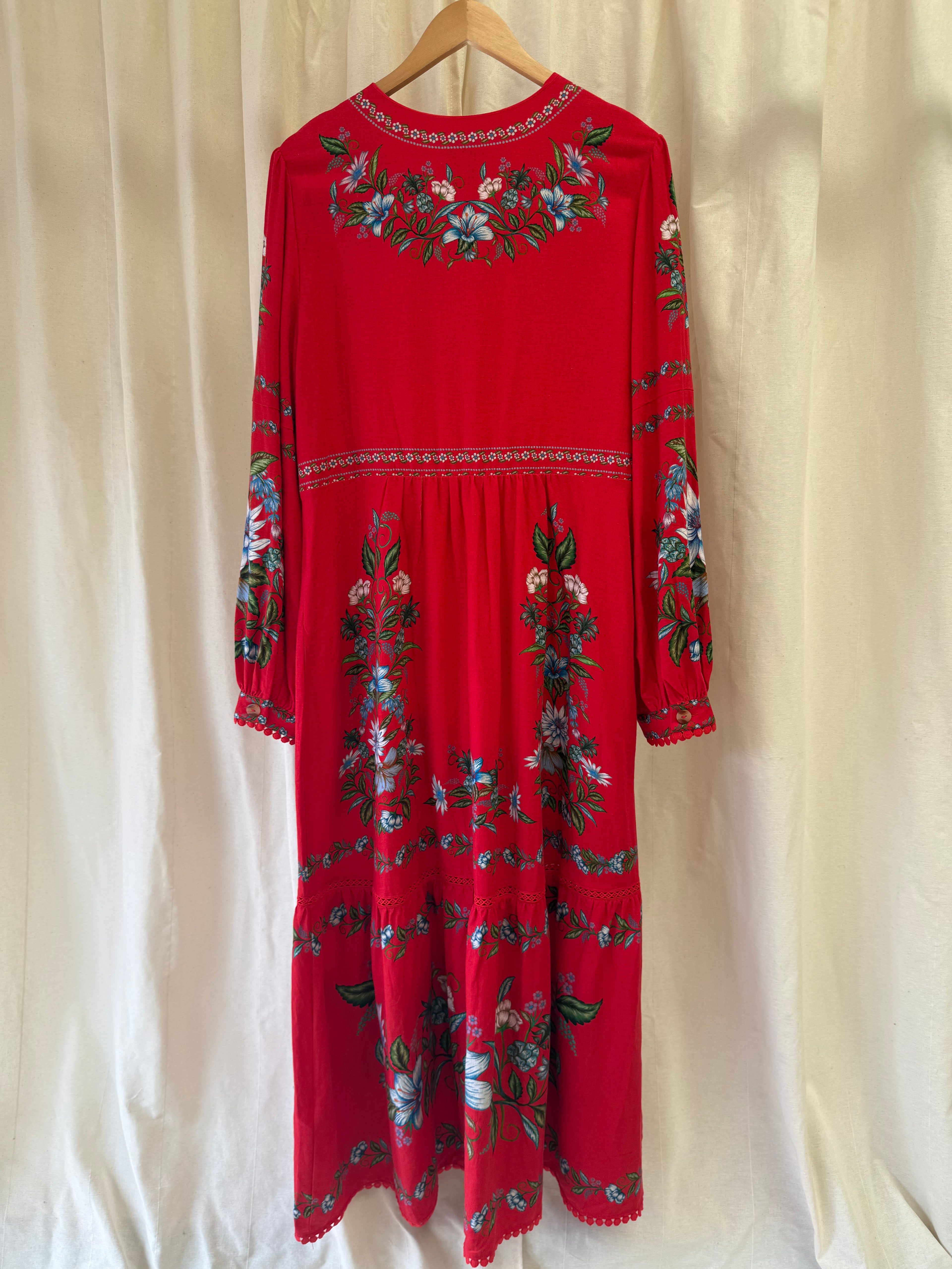 Farm Rio Floral Linen-Blend Midi Dress in Red