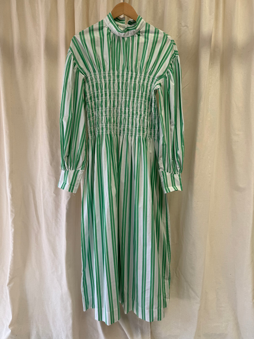 GANNI Shirred Striped Organic Cotton-Poplin Midi Dress in Green