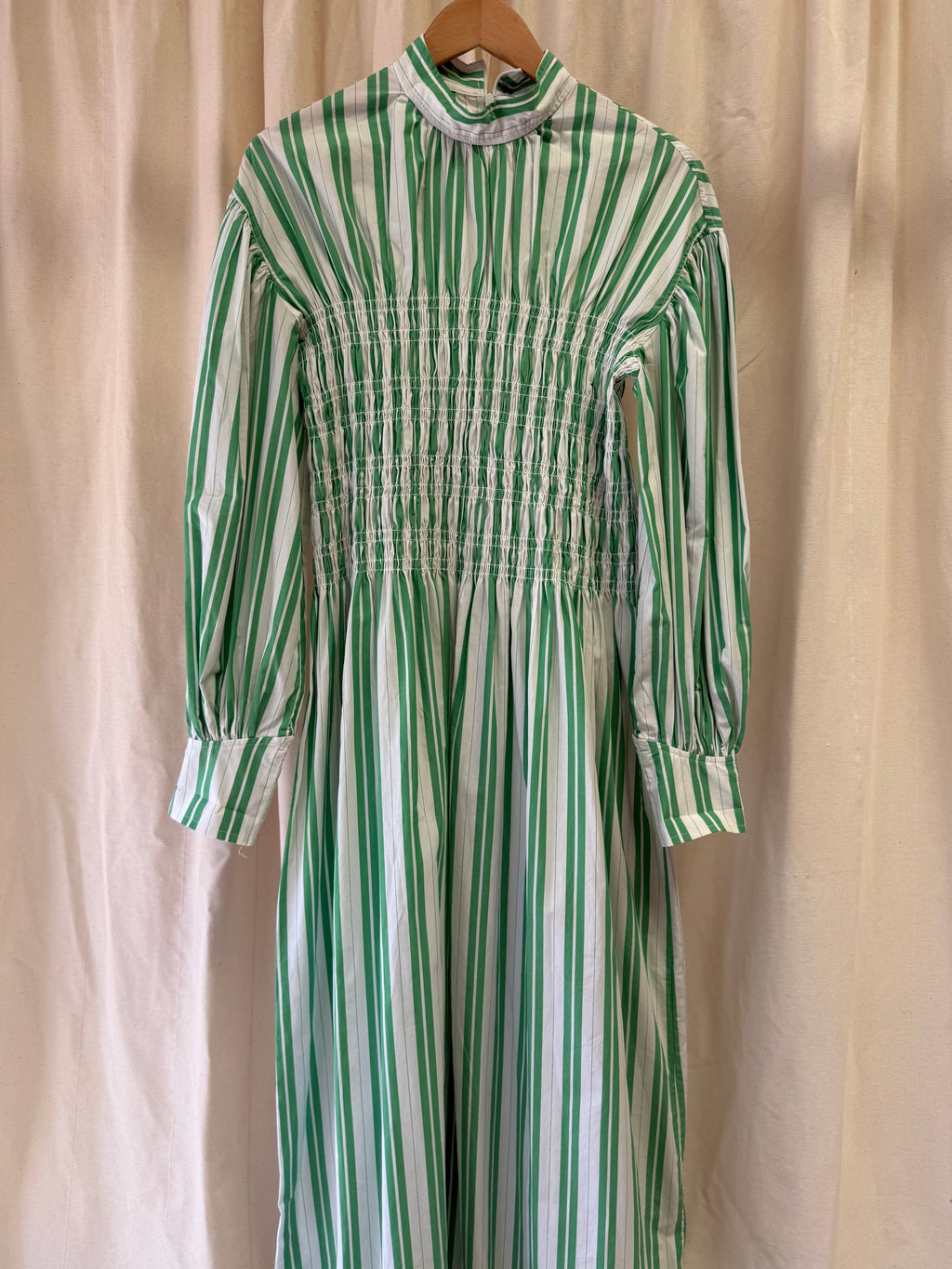 GANNI Shirred Striped Organic Cotton-Poplin Midi Dress in Green