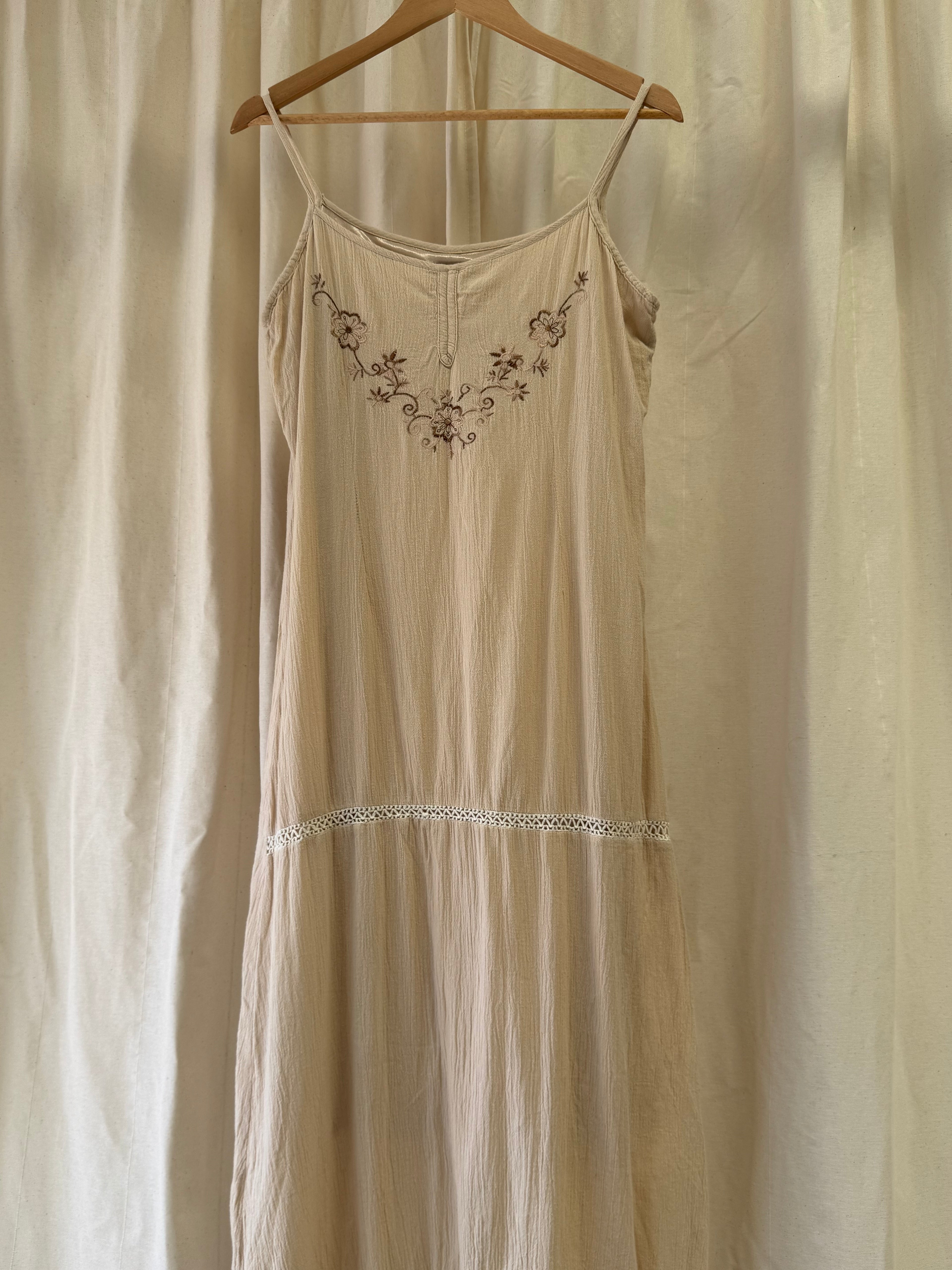 Bangjuji Beige Cotton Vintage Midi Dress