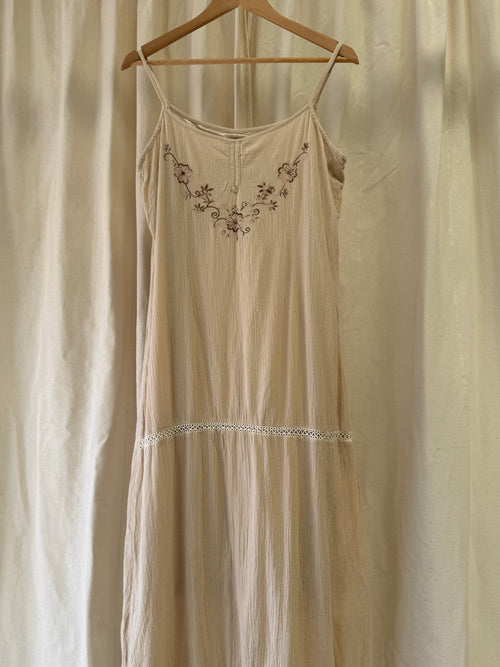 Bangjuji Beige Cotton Vintage Midi Dress