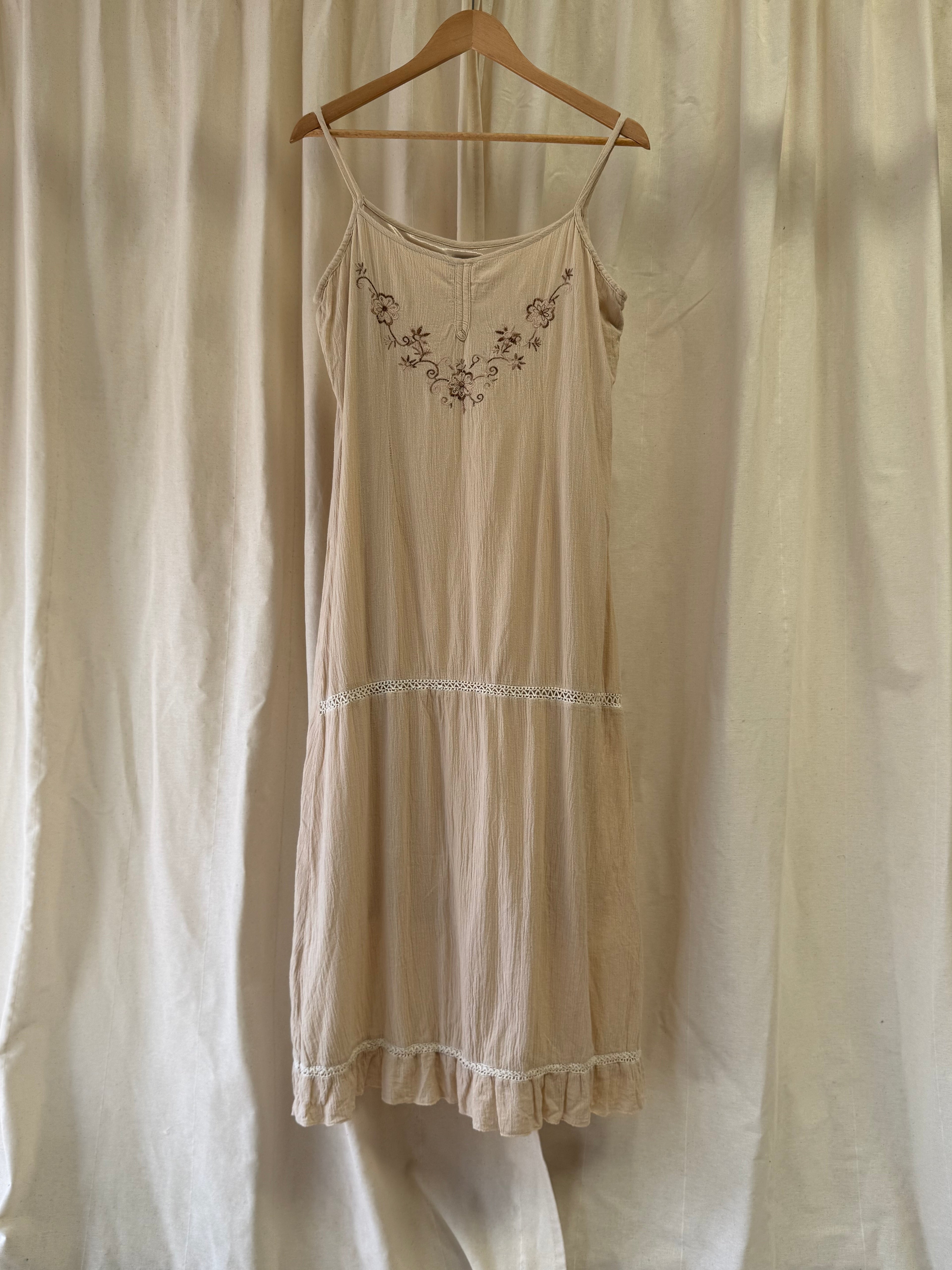 Bangjuji Beige Cotton Vintage Midi Dress