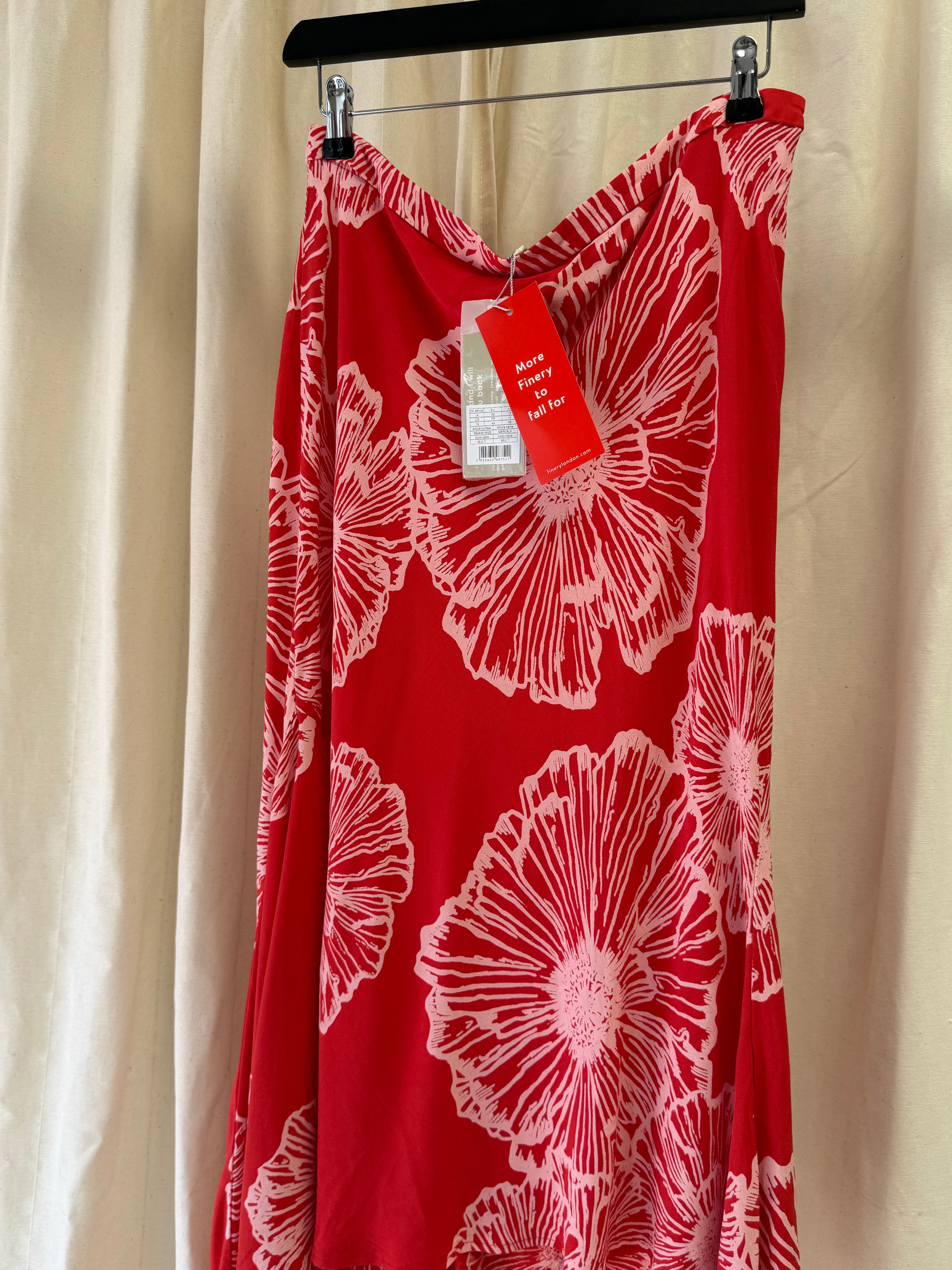 Finery London Floral Midi Skirt in Red and Pink