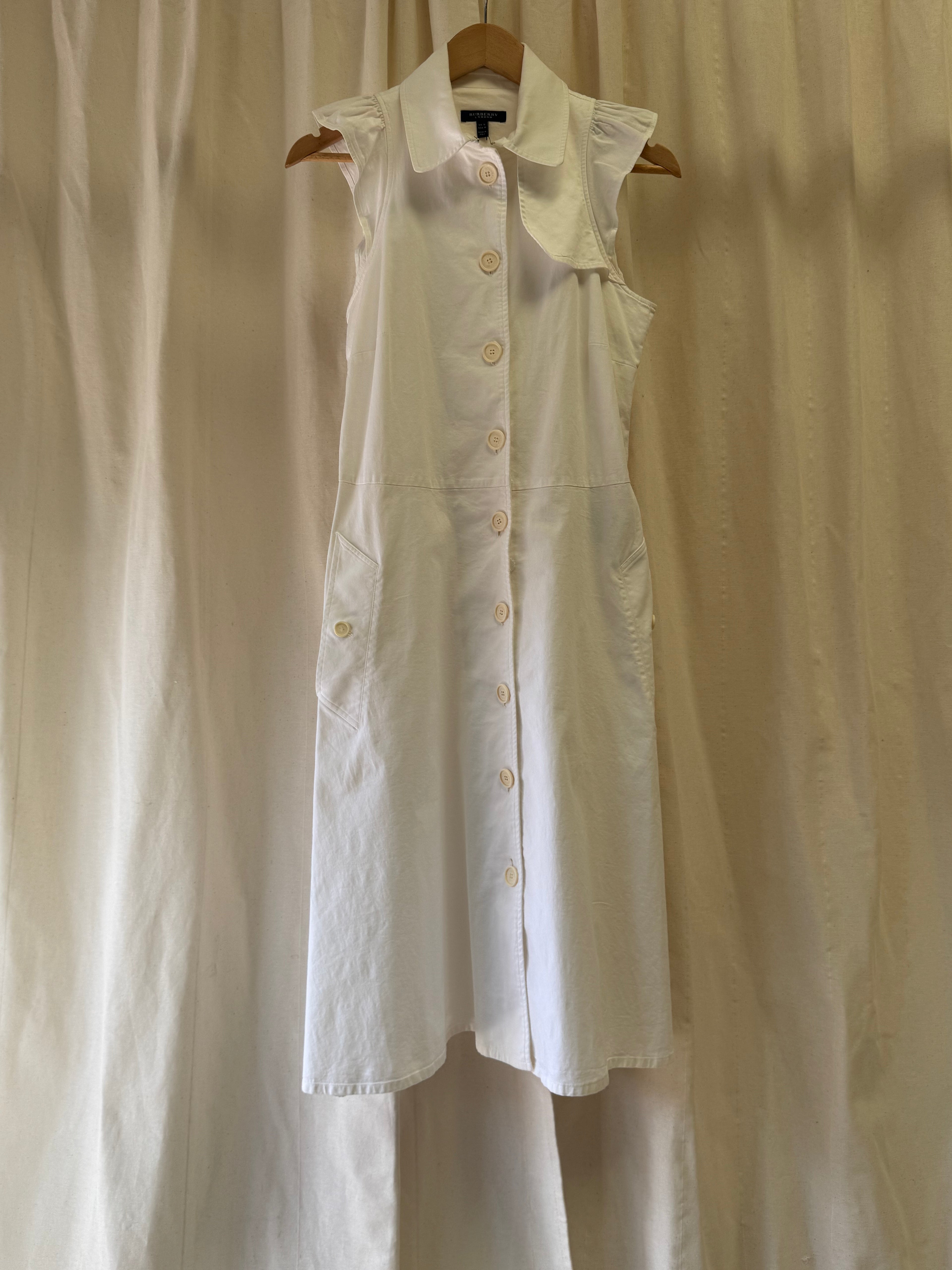 Burberry Shirt Dress with Ruffled Cap Sleeves in White