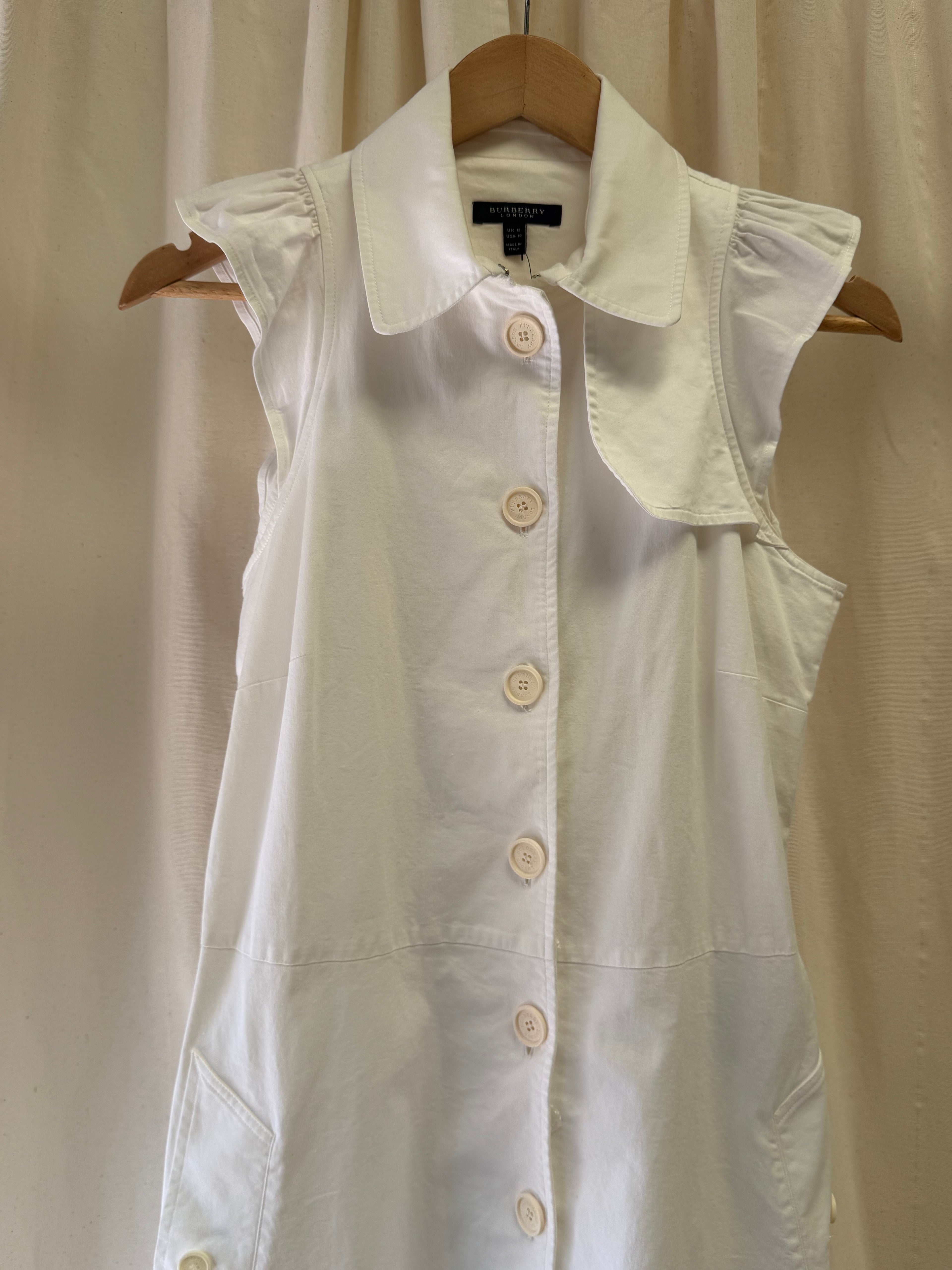 Burberry Shirt Dress with Ruffled Cap Sleeves in White